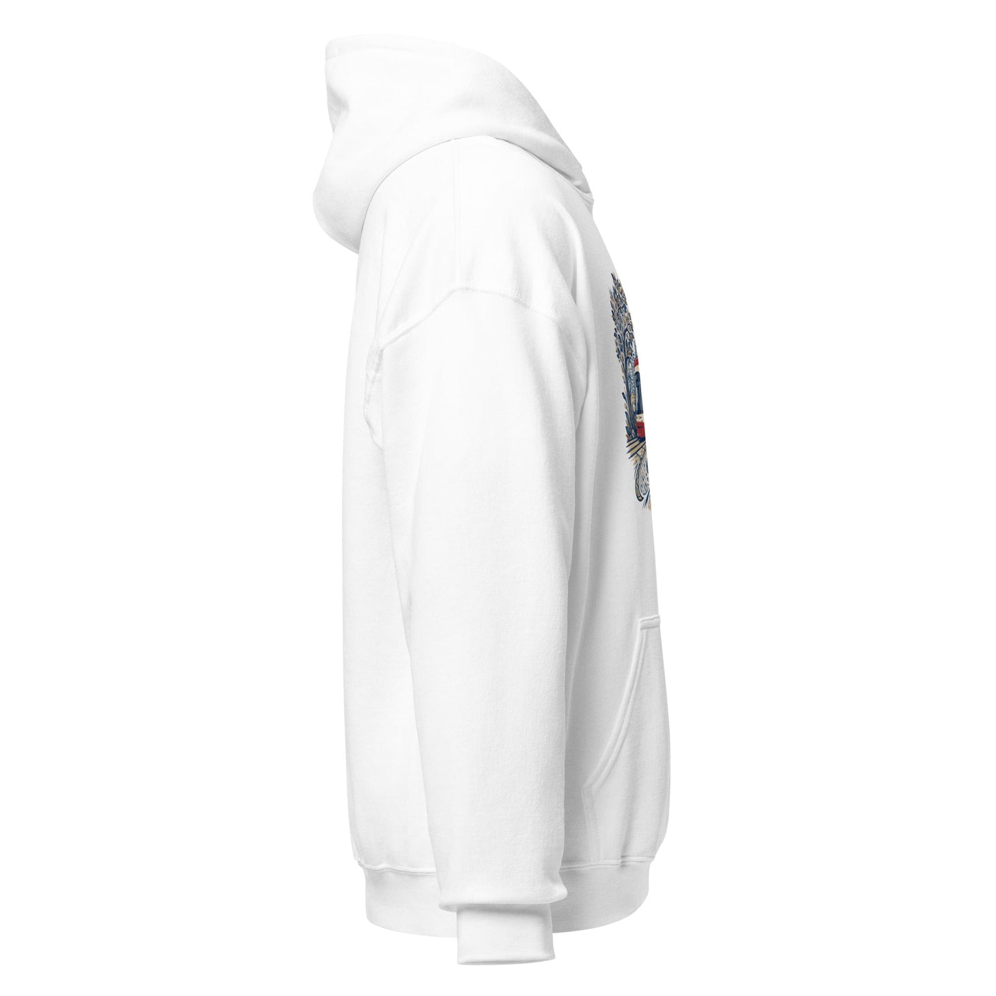 White graphic hoodie with hood and front pocket, side printed graphic