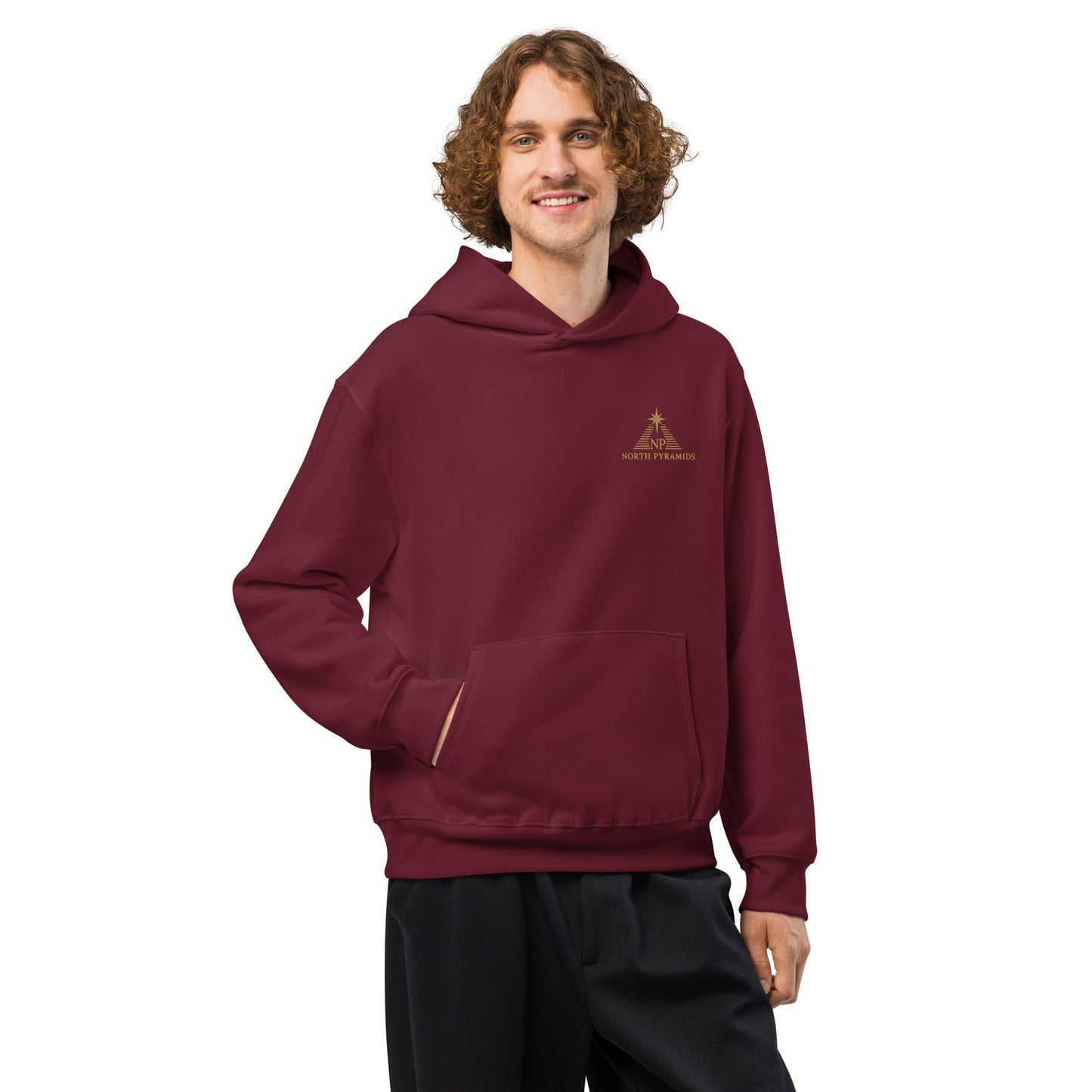 Maroon North Pyramids heavyweight oversized hoodie, front view with kangaroo pocket