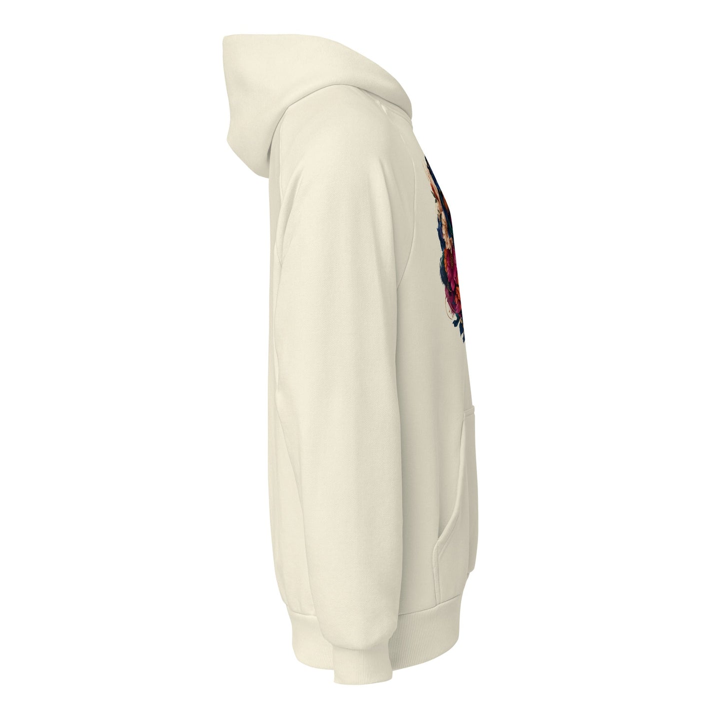 Heavyweight unisex hoodie in off-white, with colorful front graphic on side