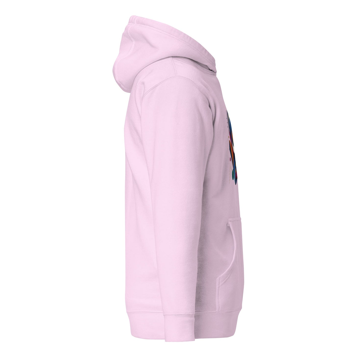 Lavender pullover hoodie side view with hood and sleeves, partial chest graphic