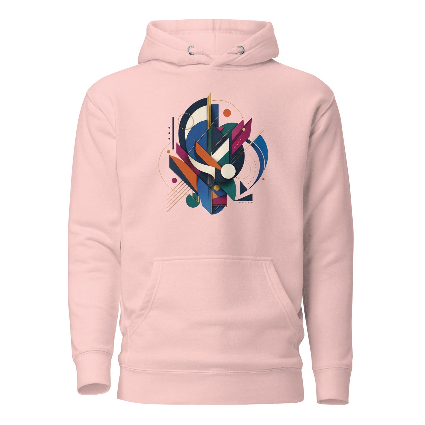 Pink pullover hoodie with colorful geometric chest graphic, hood drawstrings and front pocket