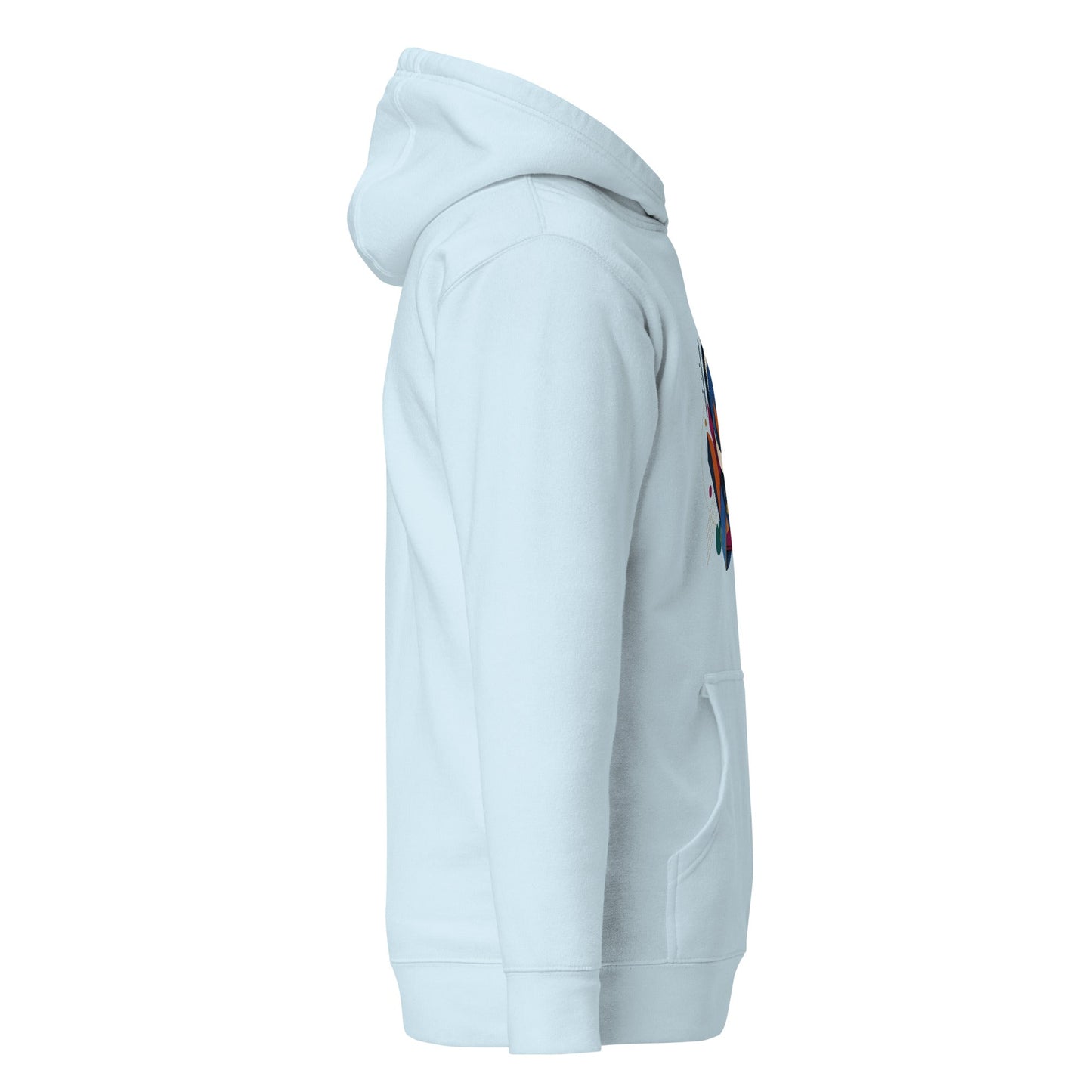 Sky blue pullover hoodie side view with hood and sleeves, partial chest graphic