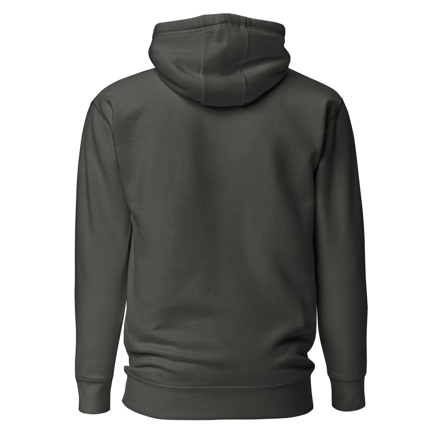 Charcoal pullover hoodie with drawstring hood and kangaroo pocket, plain back
