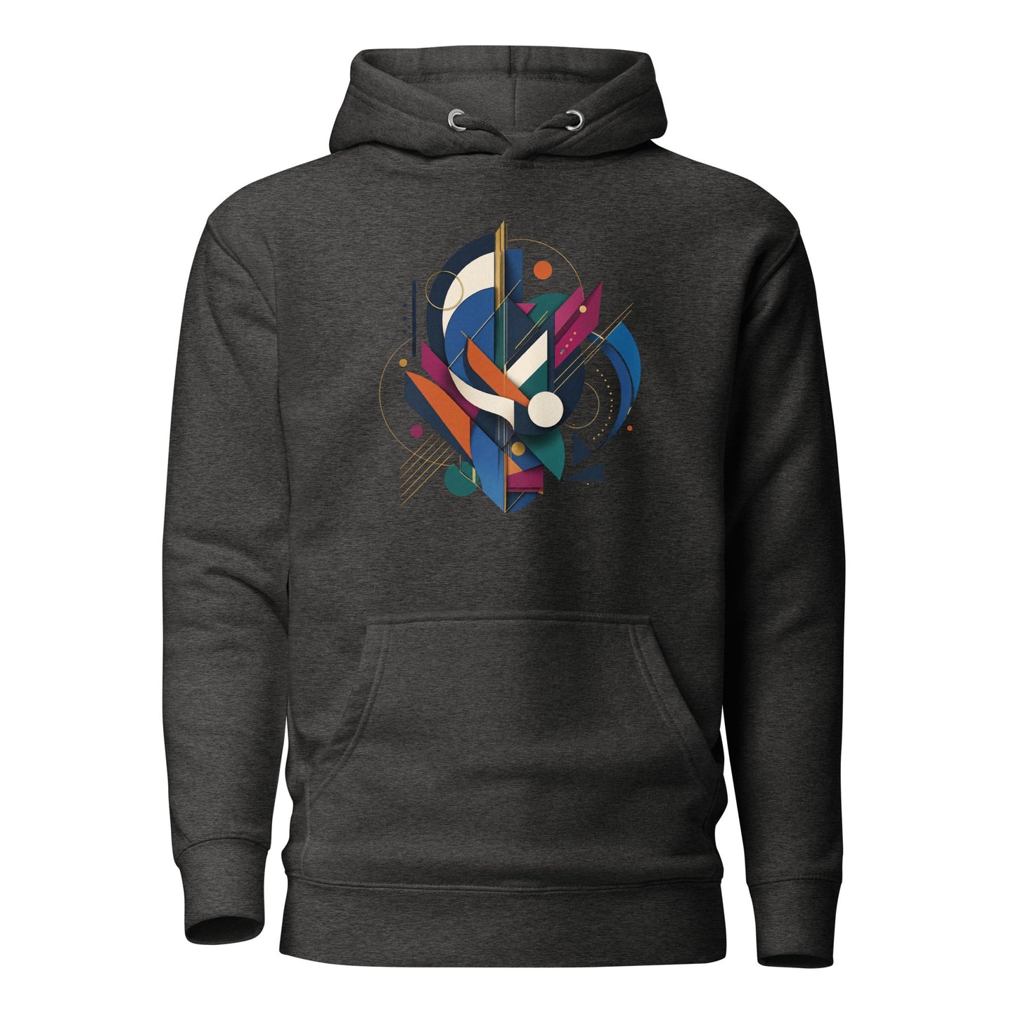 Charcoal heather pullover hoodie with colorful abstract chest graphic and drawstring hood.
