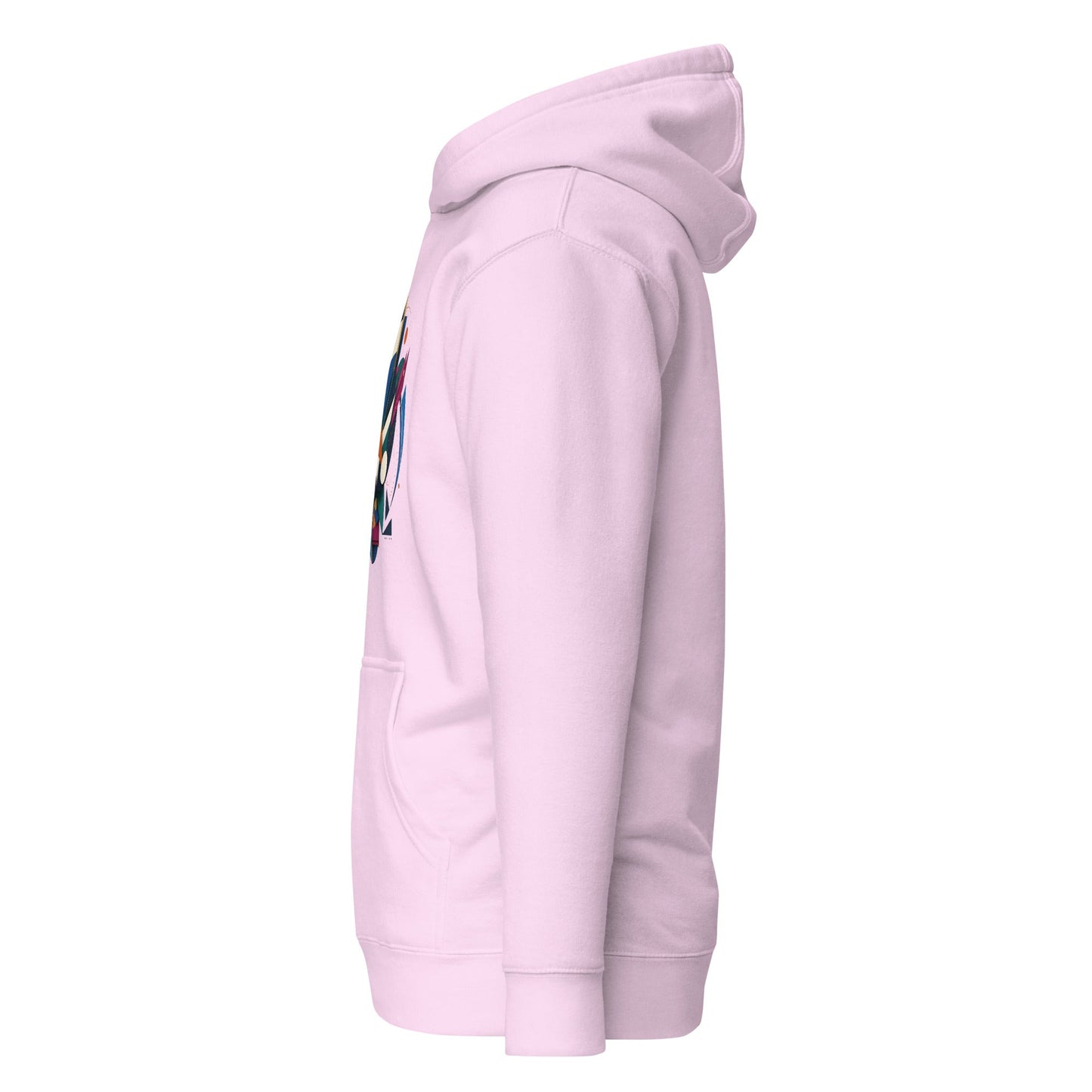 Lavender pullover hoodie side view with partial abstract geometric chest graphic