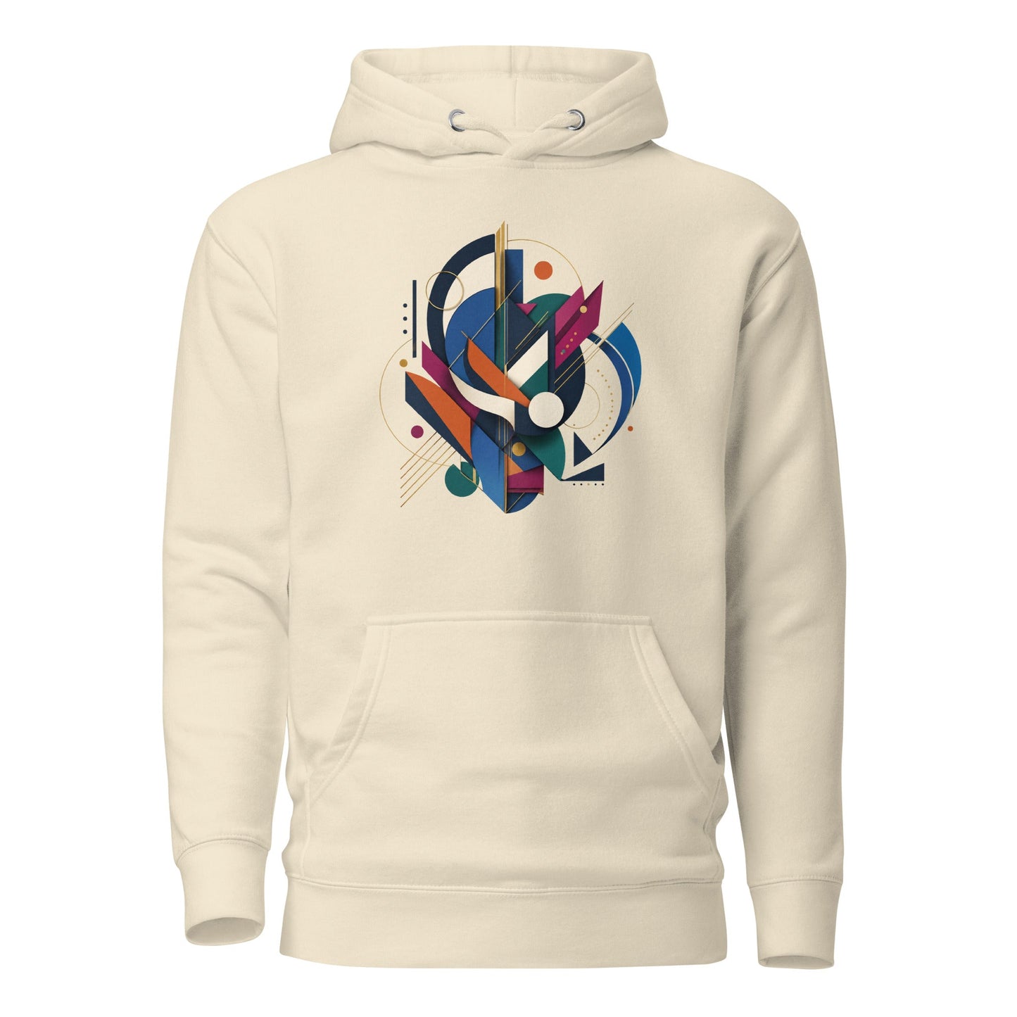 Bone pullover hoodie with abstract geometric graphic on the chest and front pocket