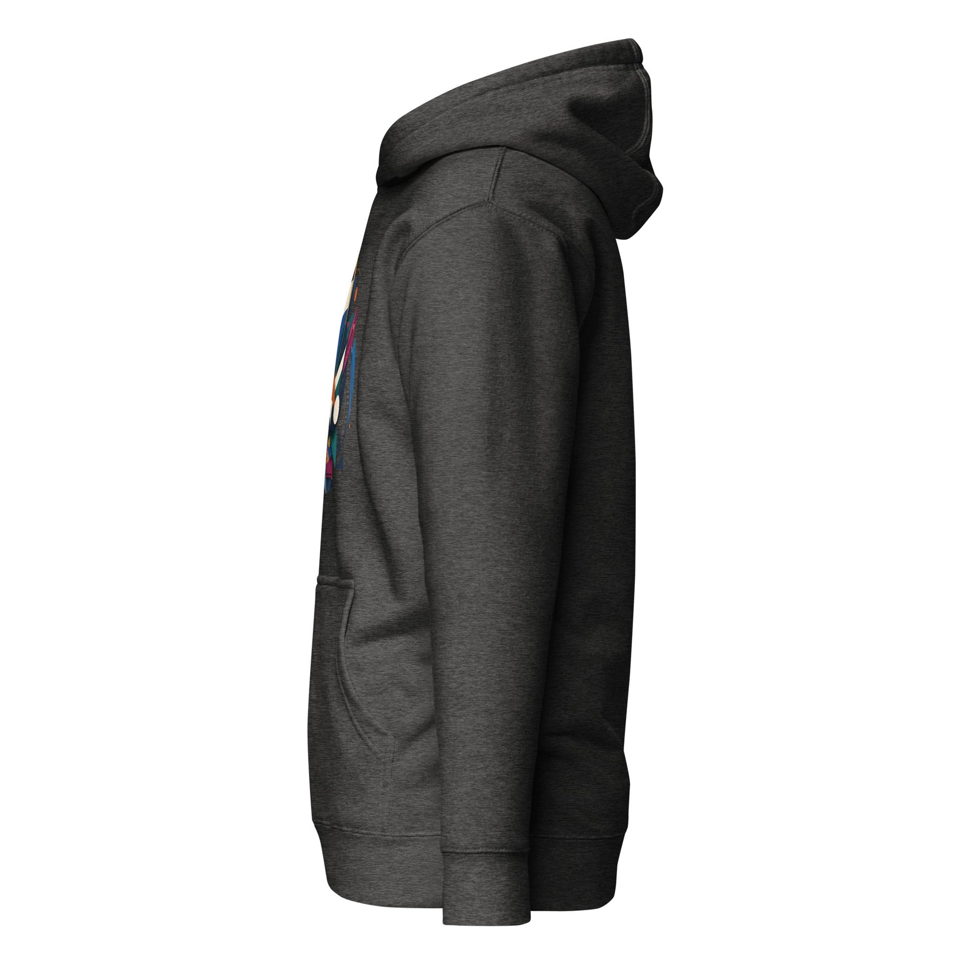 Charcoal heather pullover hoodie with abstract graphic on sleeve and kangaroo pocket.