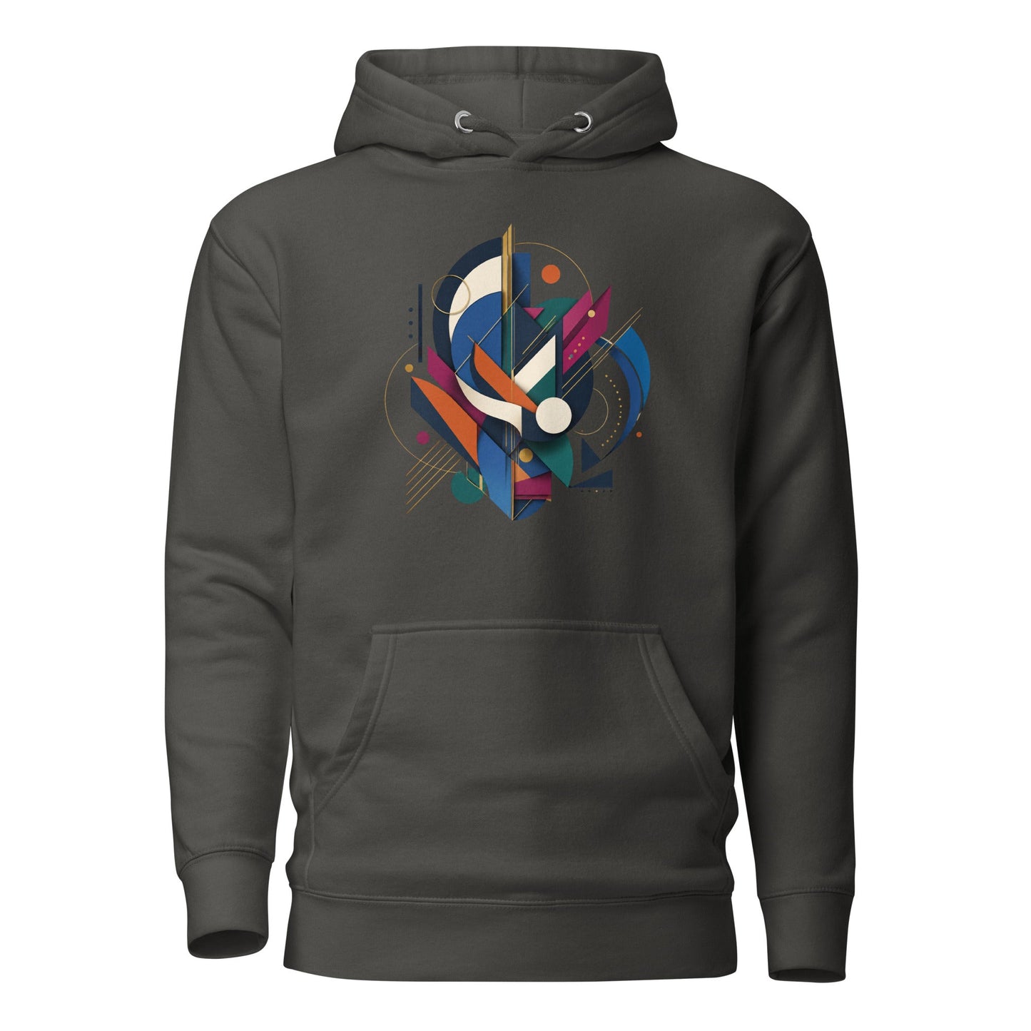 Charcoal pullover hoodie with colorful geometric chest graphic, hood drawstrings and front pocket
