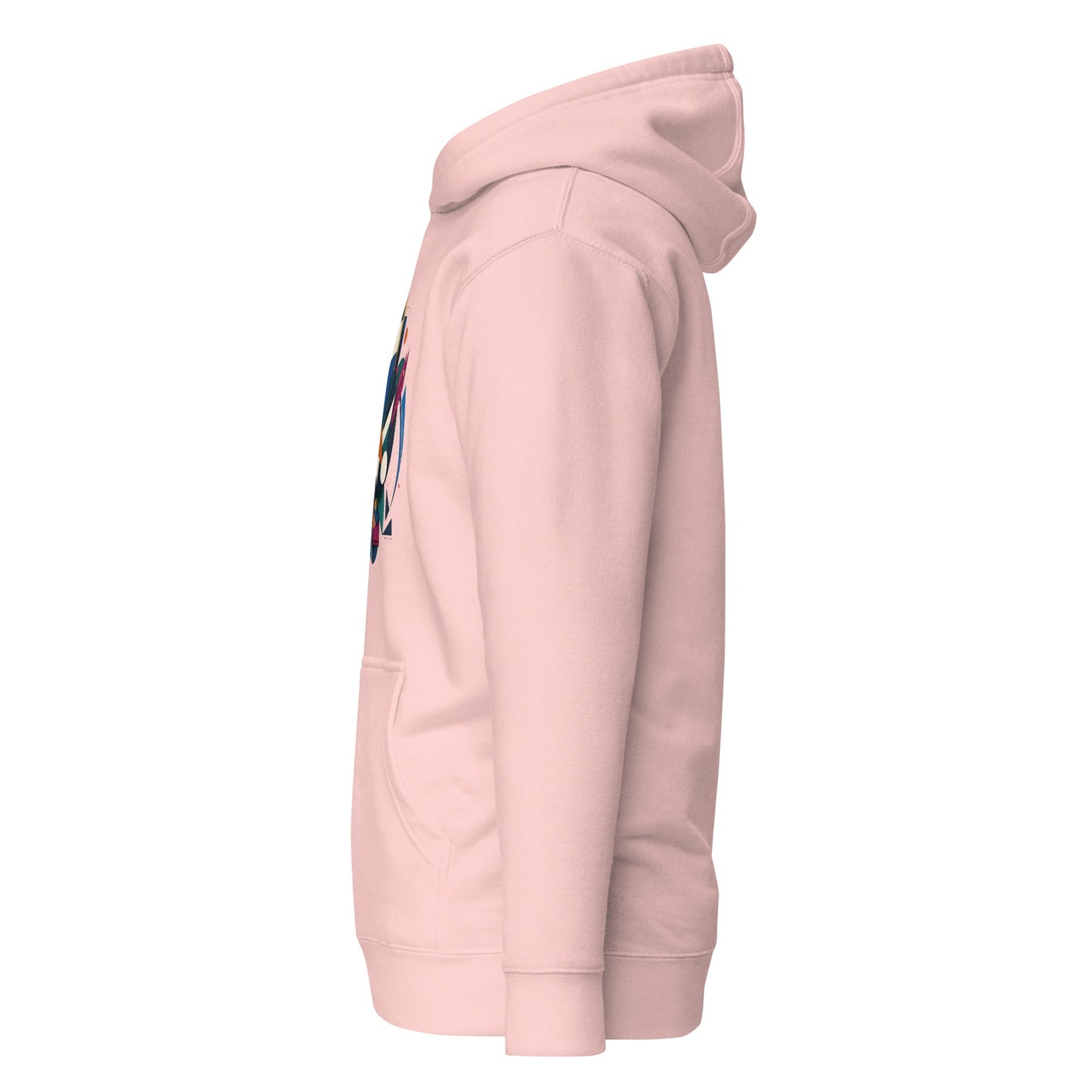 Pink pullover hoodie side view with colorful graphic detail on sleeve and drawstring hood