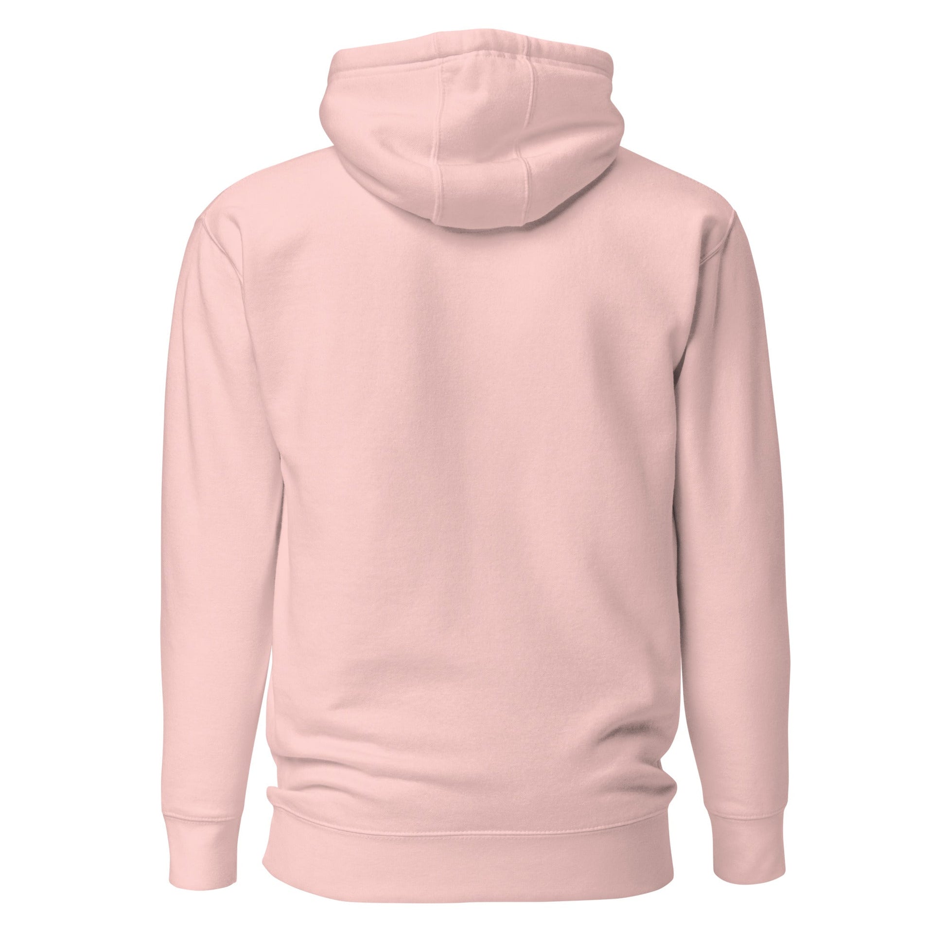 Pink pullover hoodie with drawstring hood and kangaroo pocket, plain back