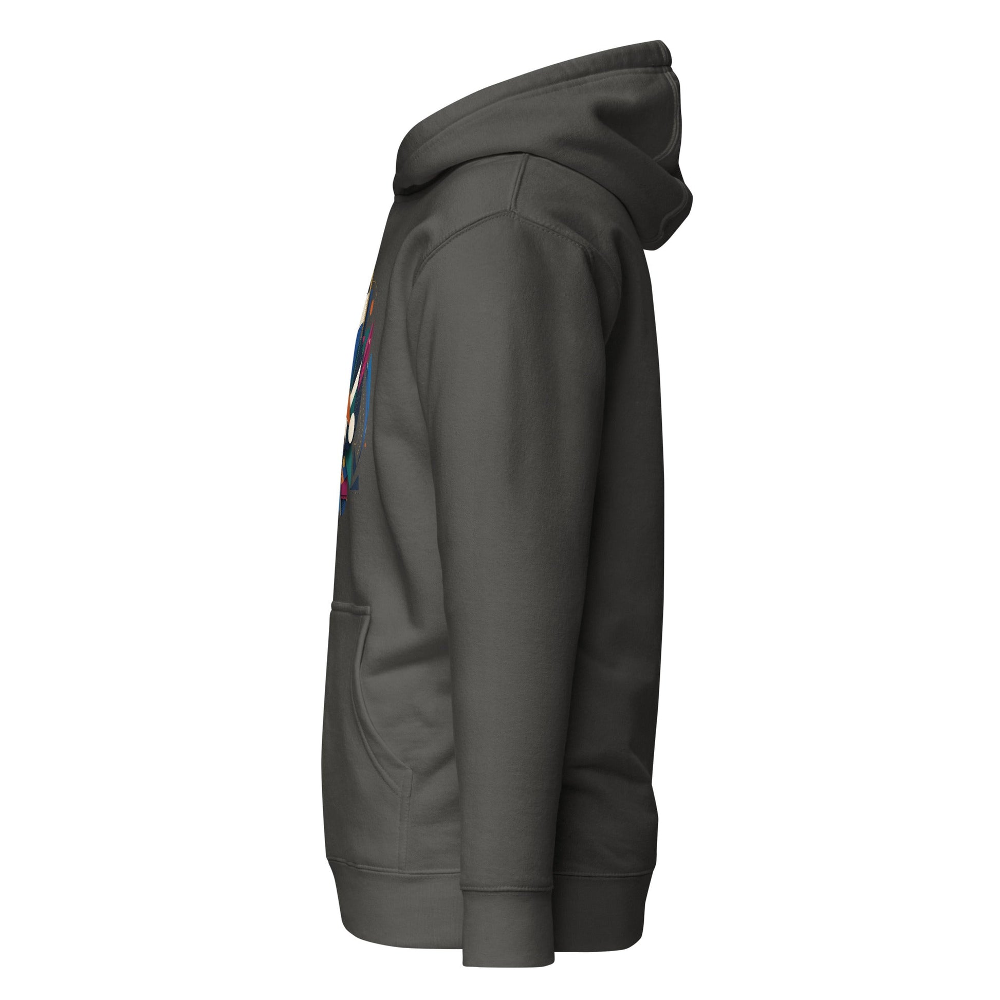 Charcoal pullover hoodie side view with colorful graphic on sleeve and drawstring hood