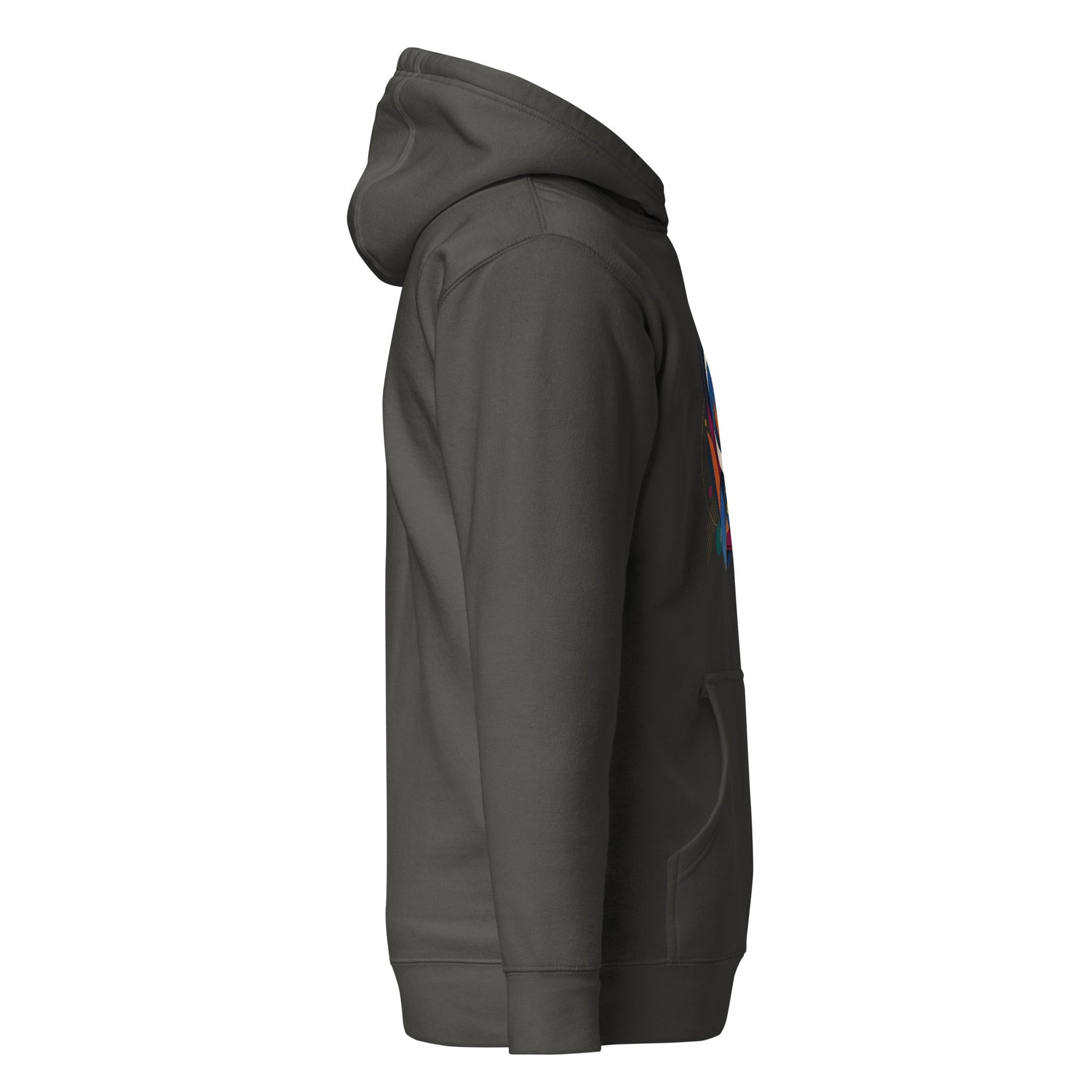Charcoal pullover hoodie profile with partial sleeve graphic and drawstring hood