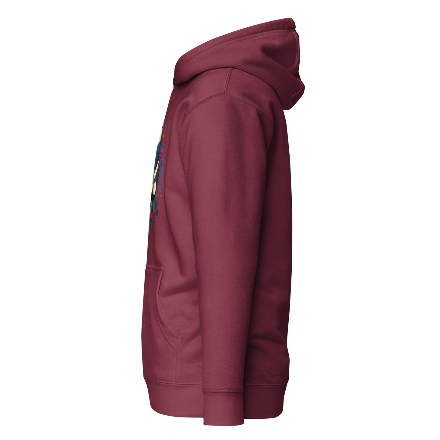 Maroon pullover hoodie with abstract graphic on sleeve and kangaroo pocket.