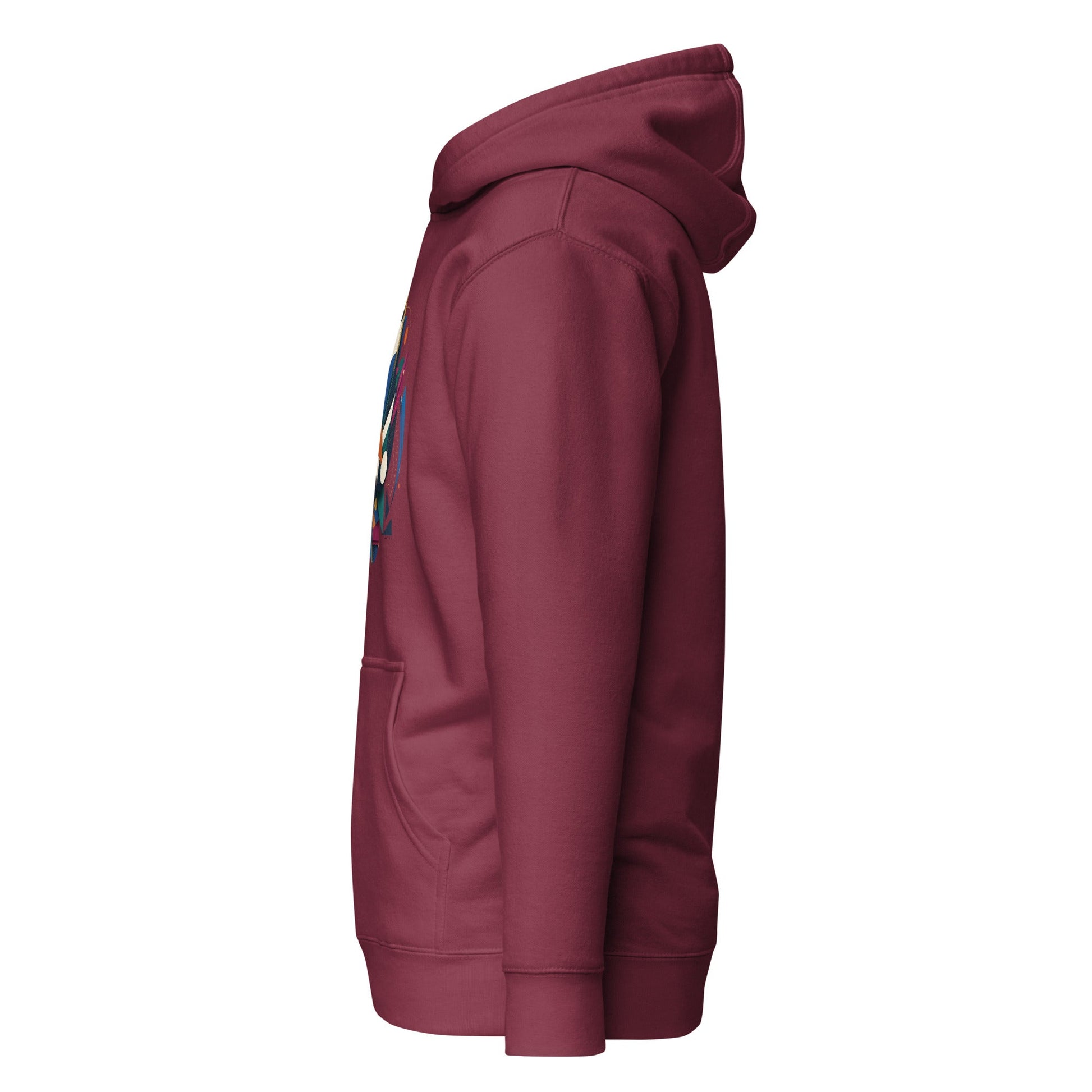 Maroon pullover hoodie with abstract graphic on sleeve and kangaroo pocket.