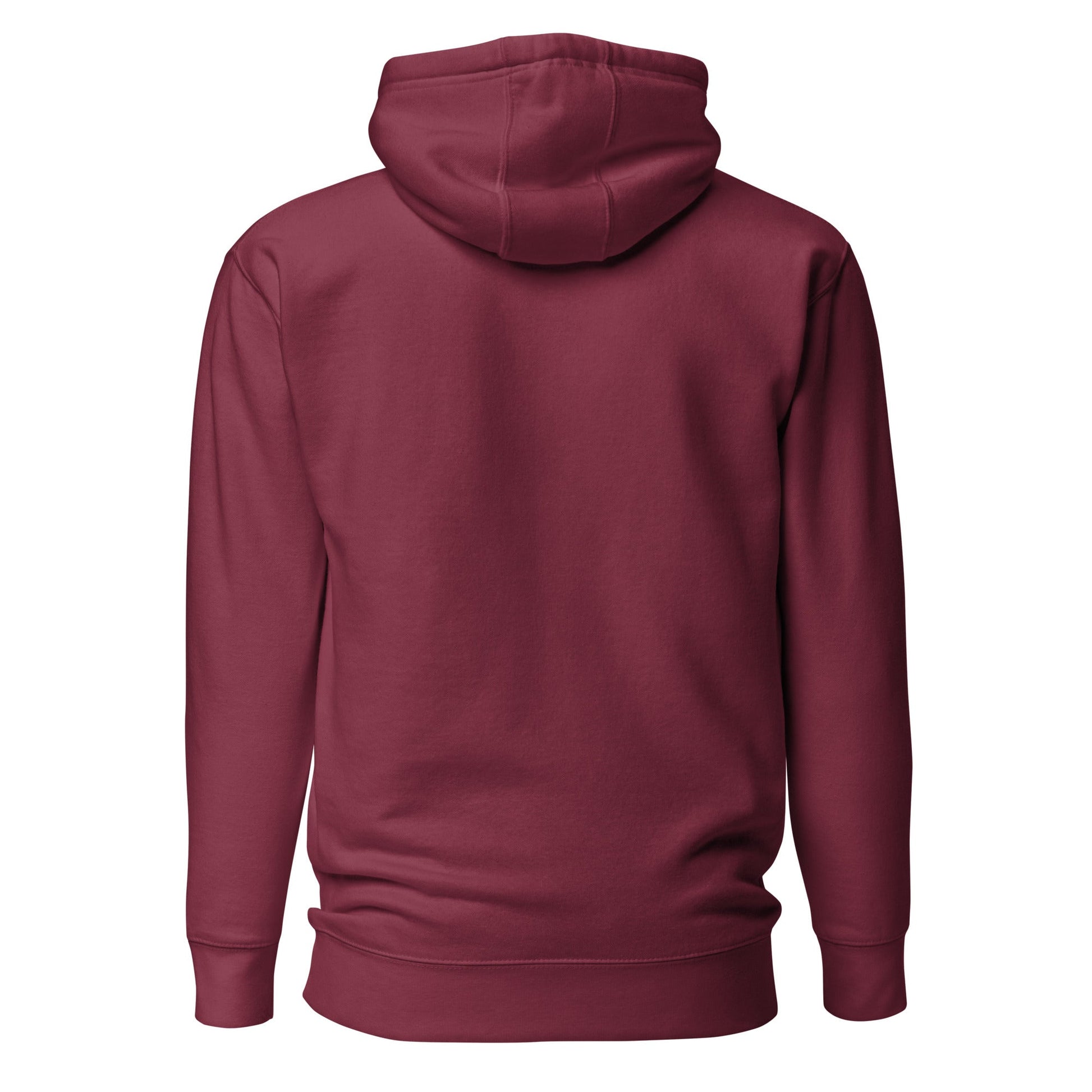 Maroon pullover hoodie with hood, back view, kangaroo pocket.