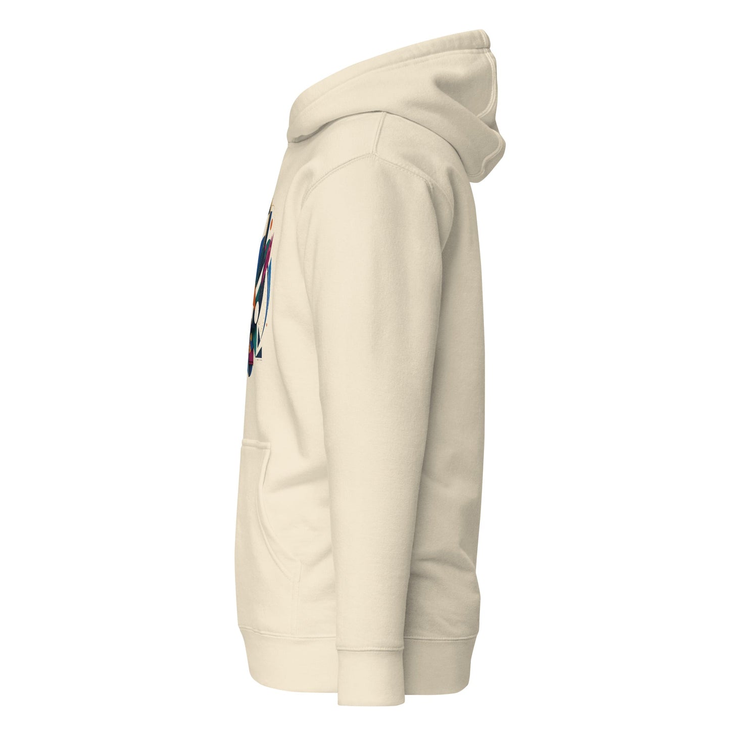 Bone pullover hoodie with abstract graphic on sleeve and kangaroo pocket.