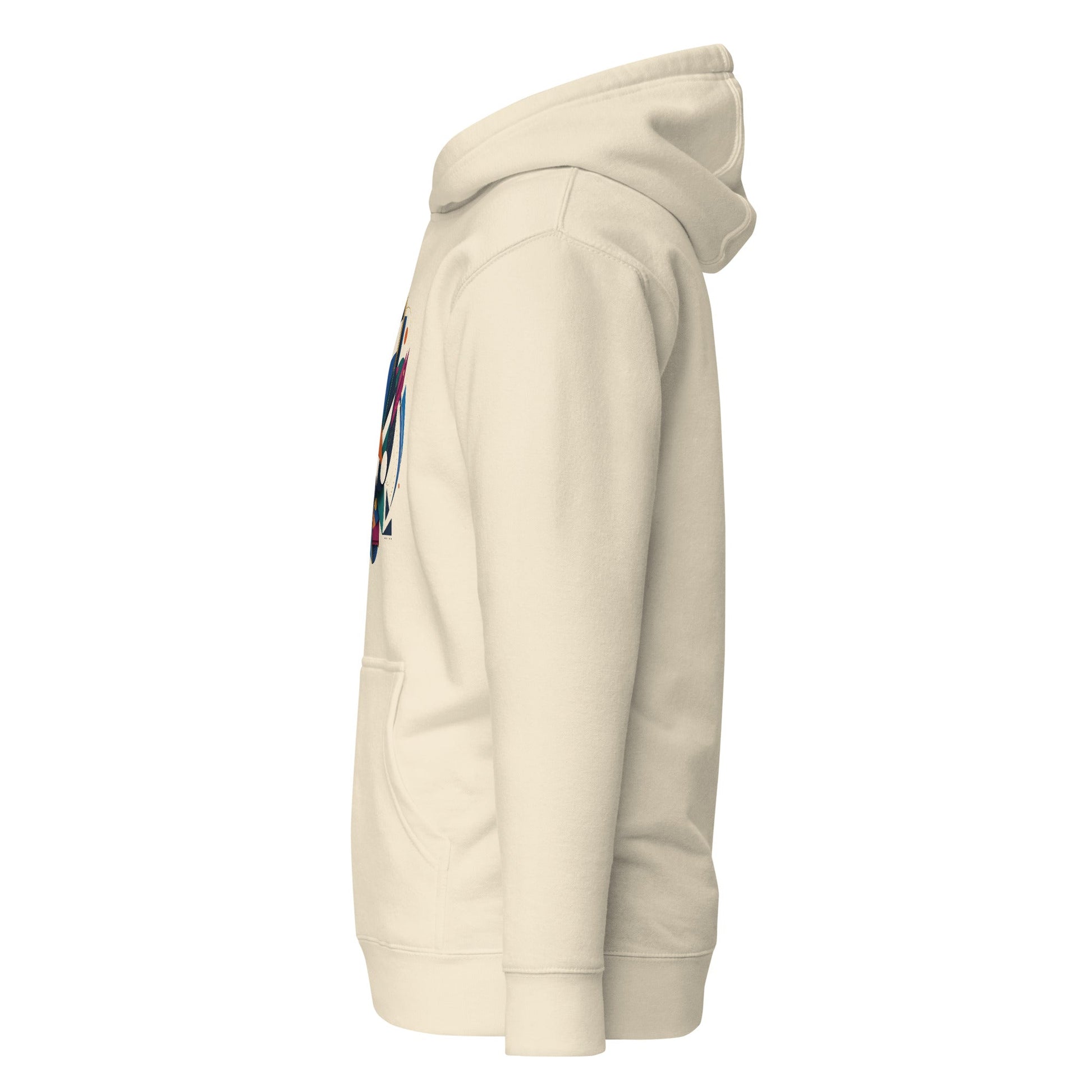 Bone pullover hoodie with abstract graphic on sleeve and kangaroo pocket.