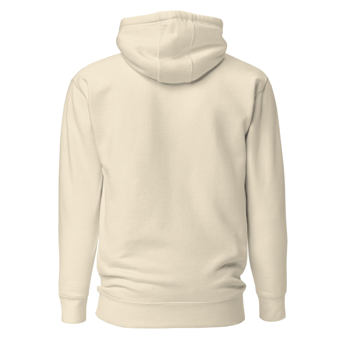 Bone pullover hoodie back view, plain with hood and front pocket