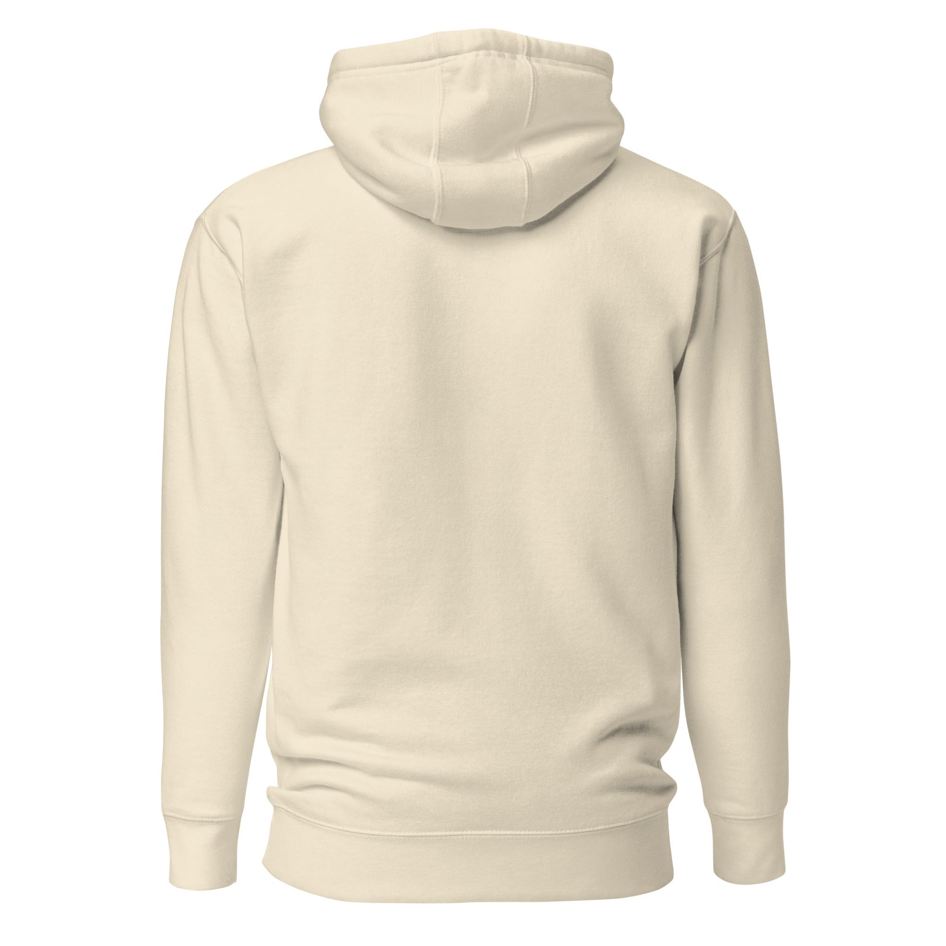 Bone pullover hoodie back view, plain with hood and front pocket