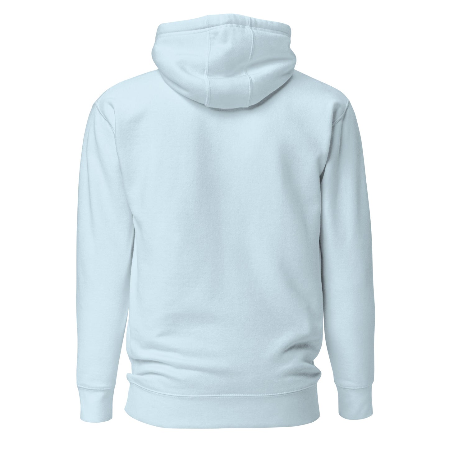 Sky blue pullover hoodie back view, plain with hood and front pocket