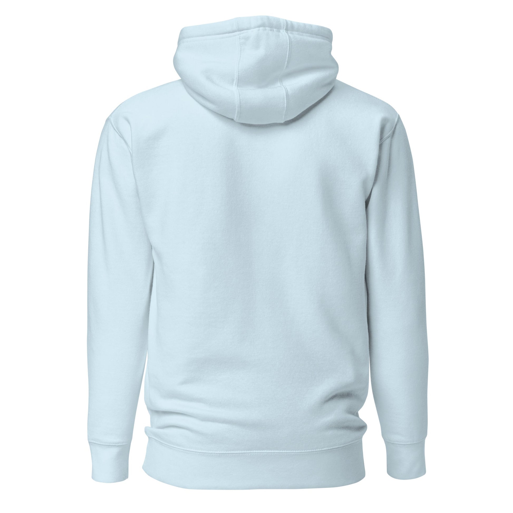 Sky blue pullover hoodie back view, plain with hood and front pocket