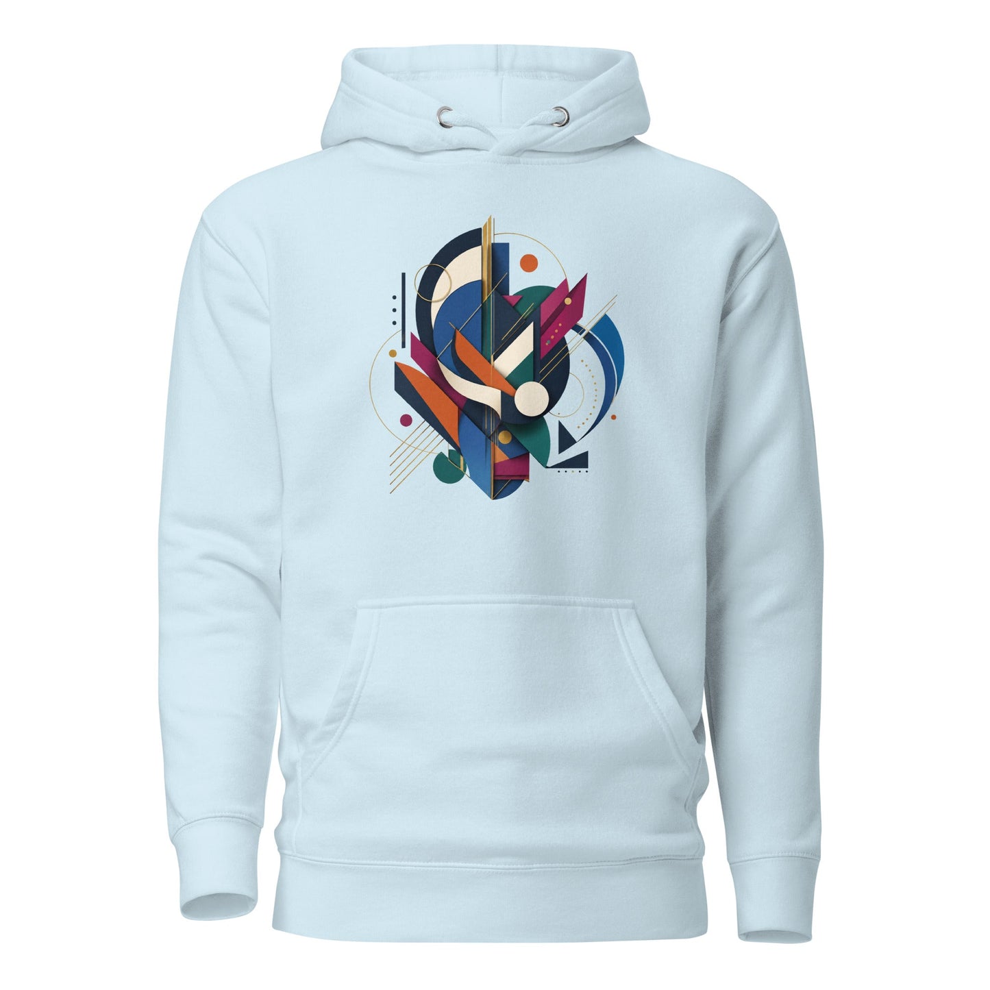 Sky blue pullover hoodie with abstract geometric graphic on the chest and front pocket