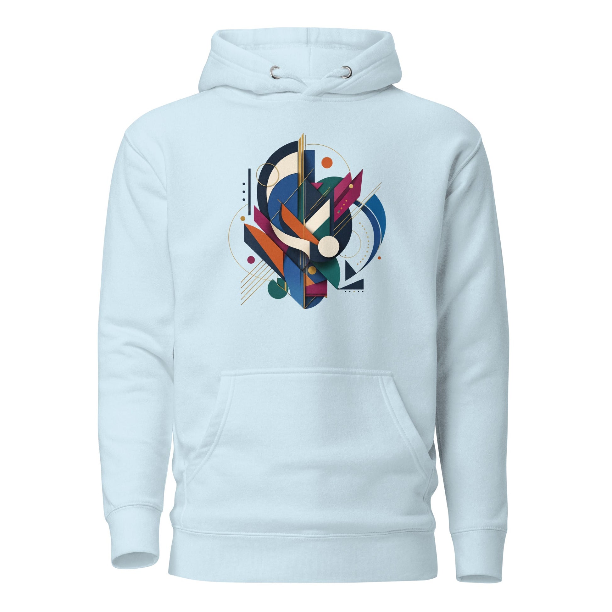 Sky blue pullover hoodie with abstract geometric graphic on the chest and front pocket