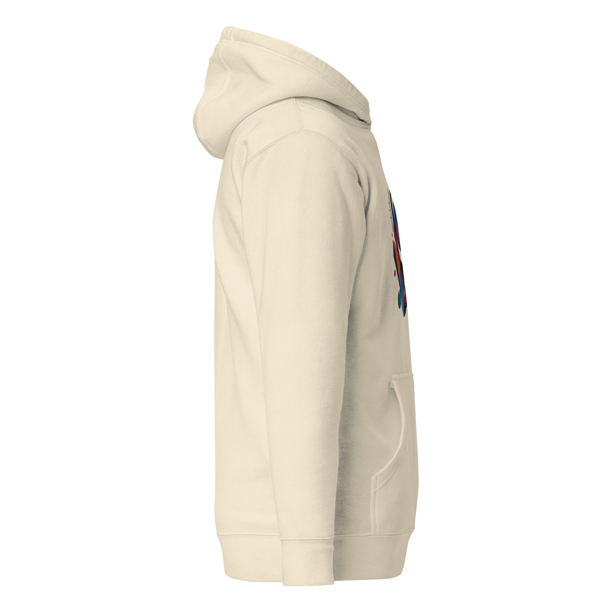 Bone pullover hoodie with abstract graphic on sleeve and kangaroo pocket.