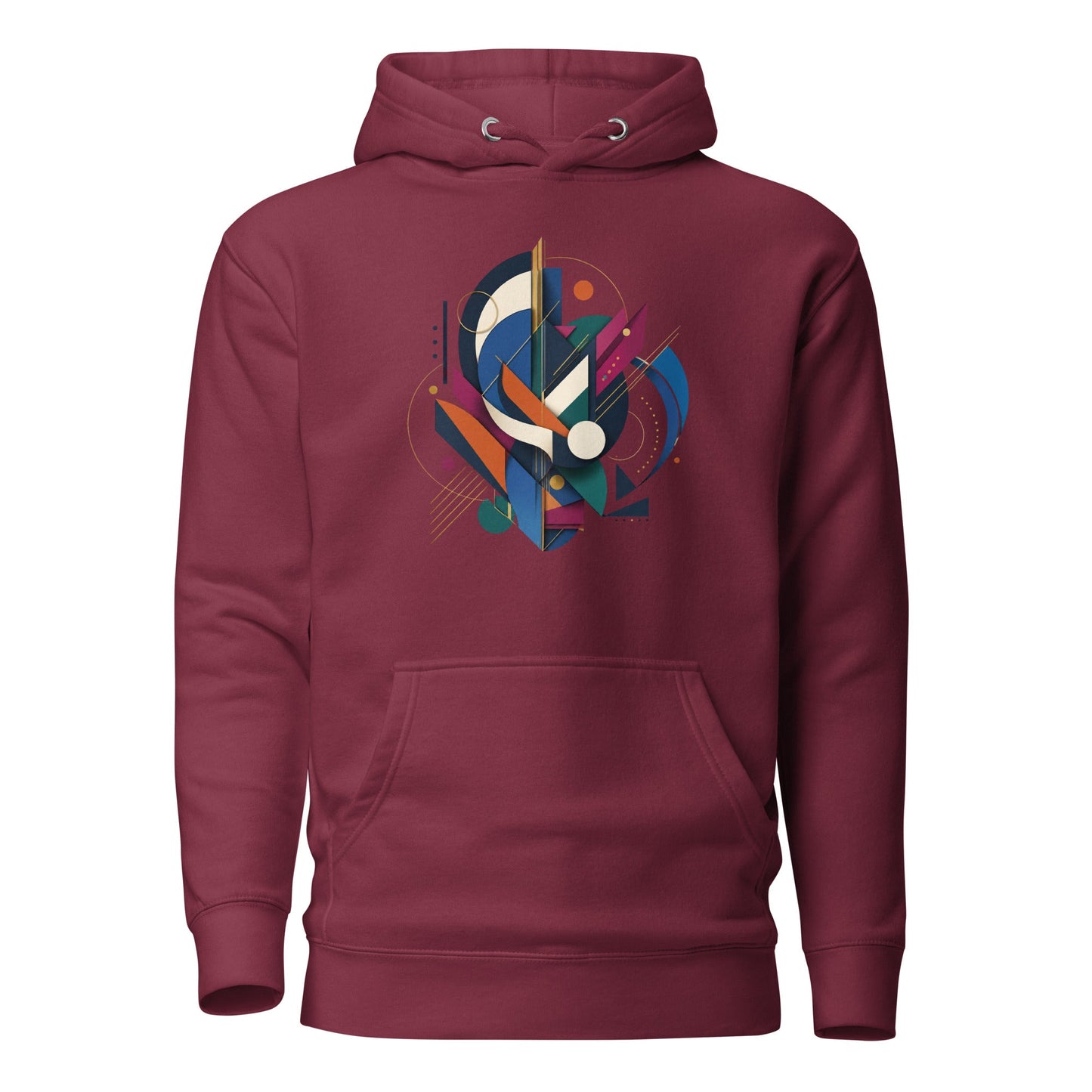 Maroon pullover hoodie with colorful abstract graphic on chest, drawstring hood.