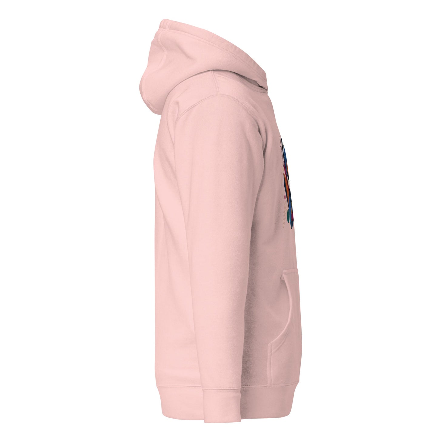 Pink pullover hoodie profile with colorful sleeve graphic and drawstring hood