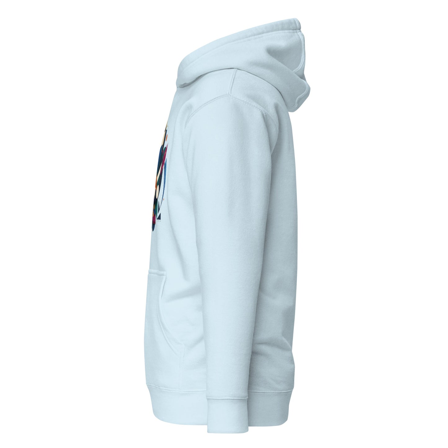 Sky blue pullover hoodie side view with partial abstract geometric chest graphic