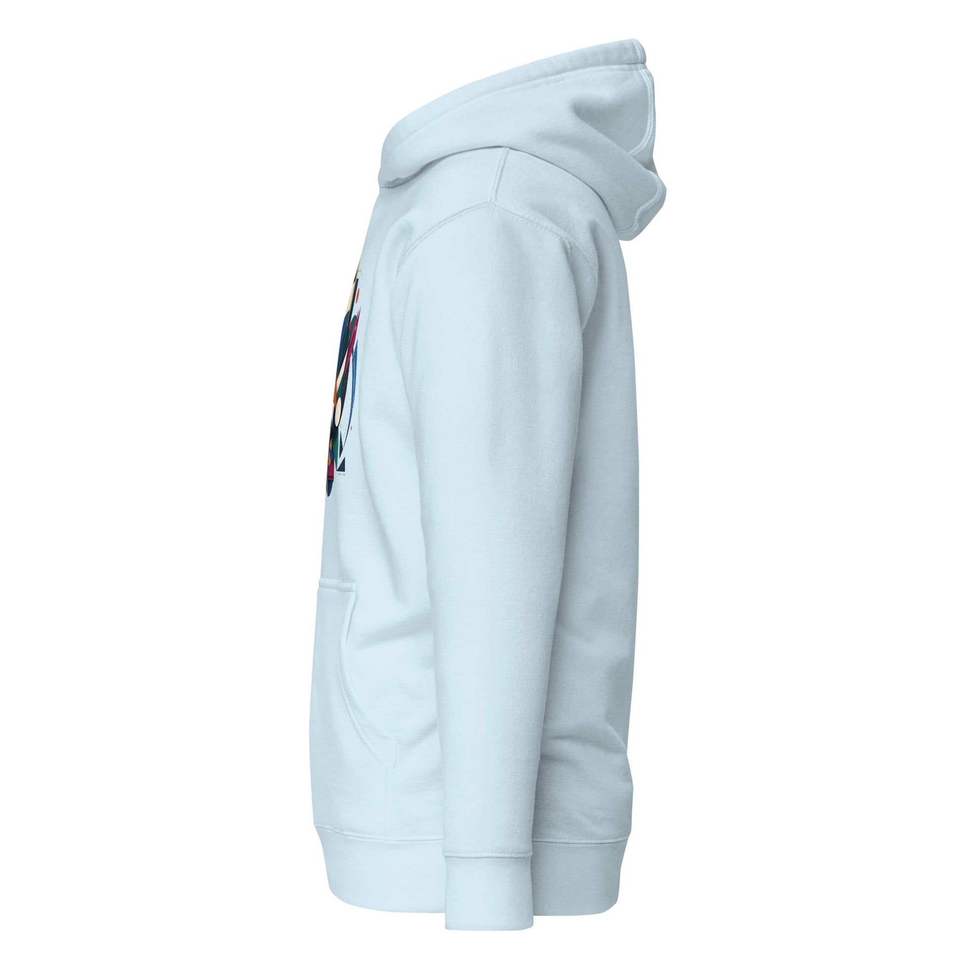 Sky blue pullover hoodie side view with partial abstract geometric chest graphic