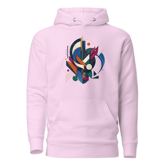 Lavender pullover hoodie with abstract geometric graphic on the chest and front pocket
