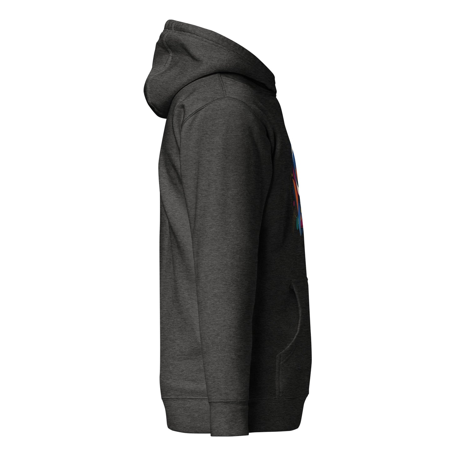 Charcoal heather pullover hoodie with abstract graphic on sleeve.