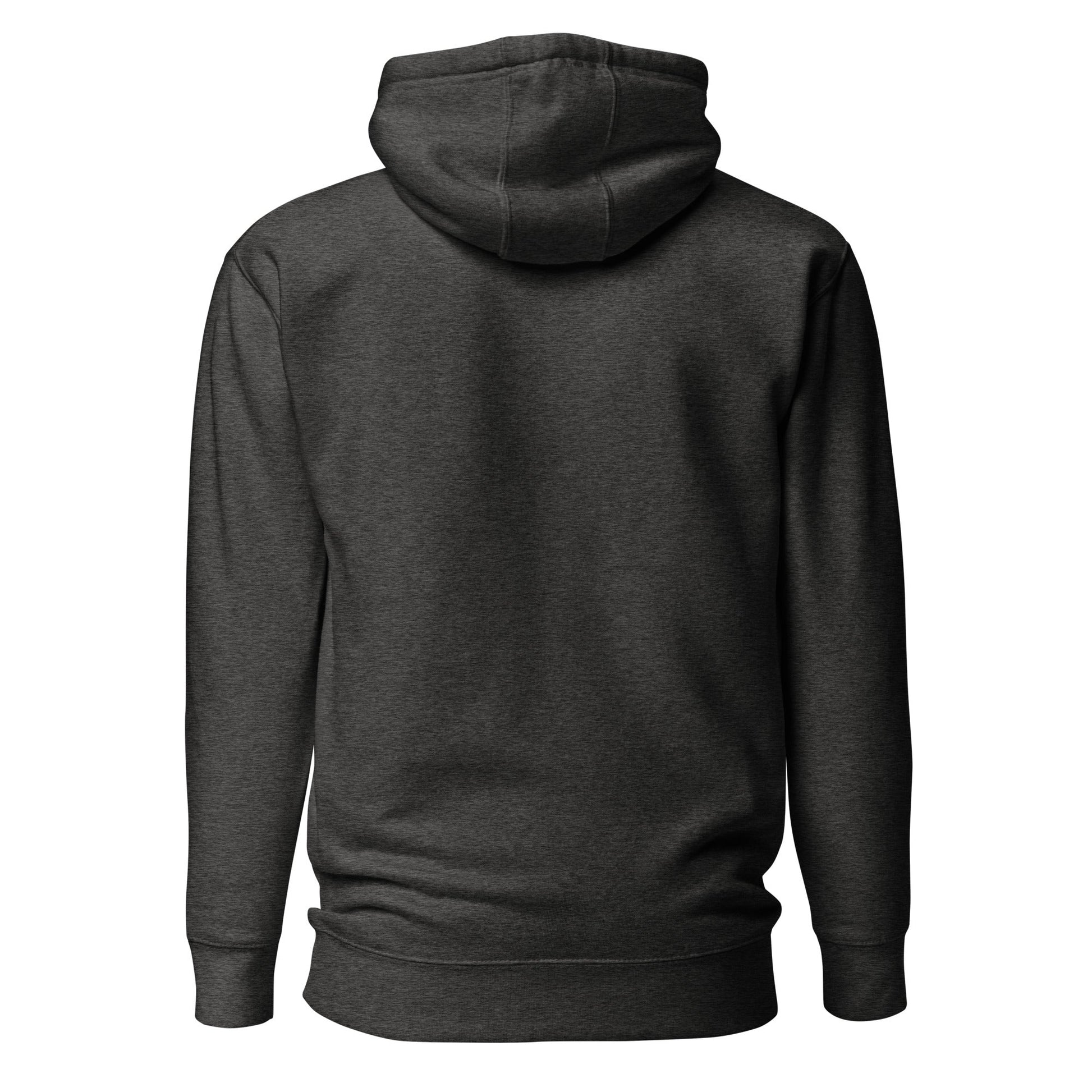 Charcoal heather pullover hoodie with hood, plain back, kangaroo pocket.