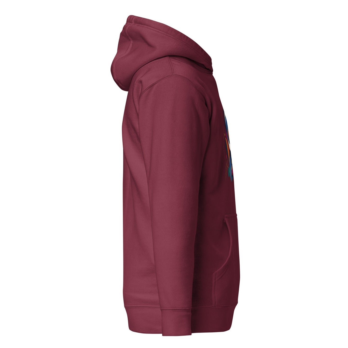 Maroon pullover hoodie with abstract graphic on sleeve and kangaroo pocket.