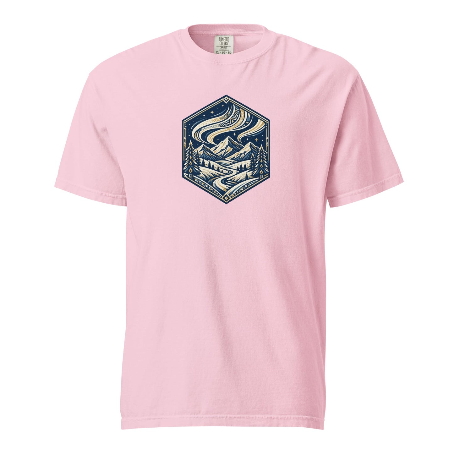 Heavyweight tee in soft pink with blue mountain hex logo