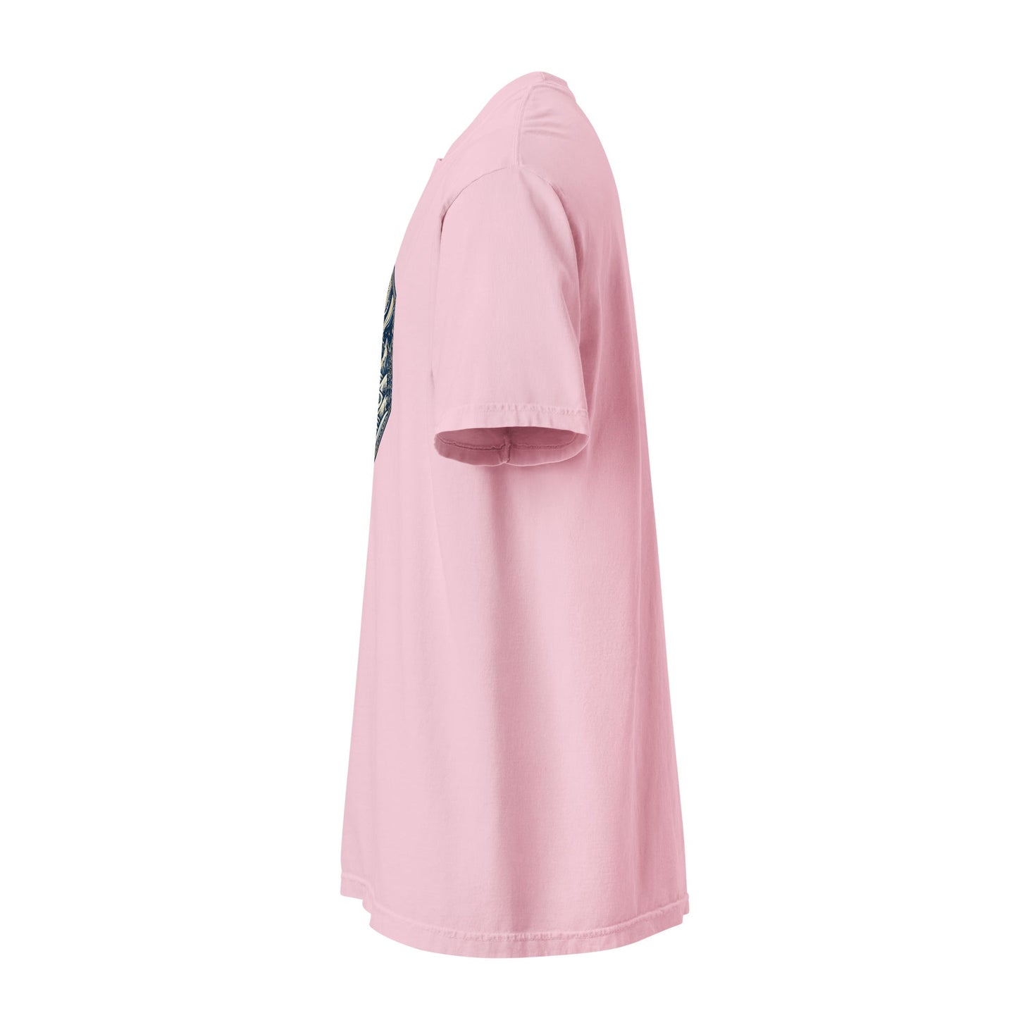 Heavyweight crew-neck tee in dusty pink with front mountain graphic, side view.
