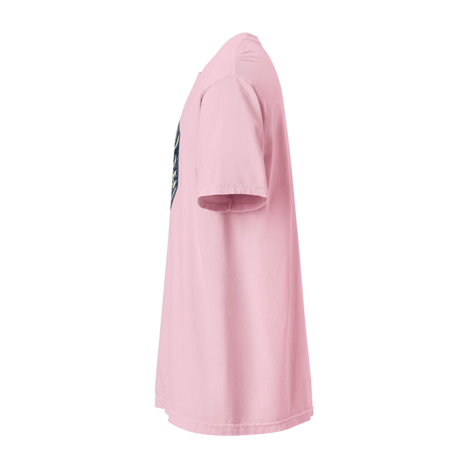 Heavyweight crew-neck tee in dusty pink with front mountain graphic, side view.