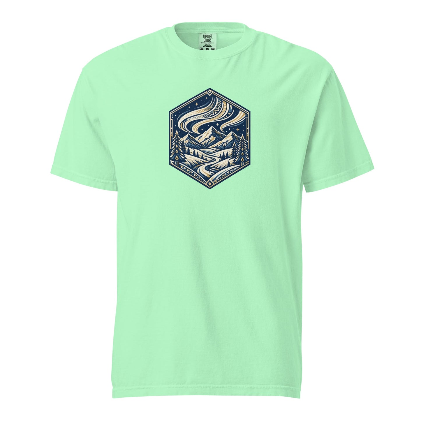 Heavyweight tee in light teal with blue mountain hex logo