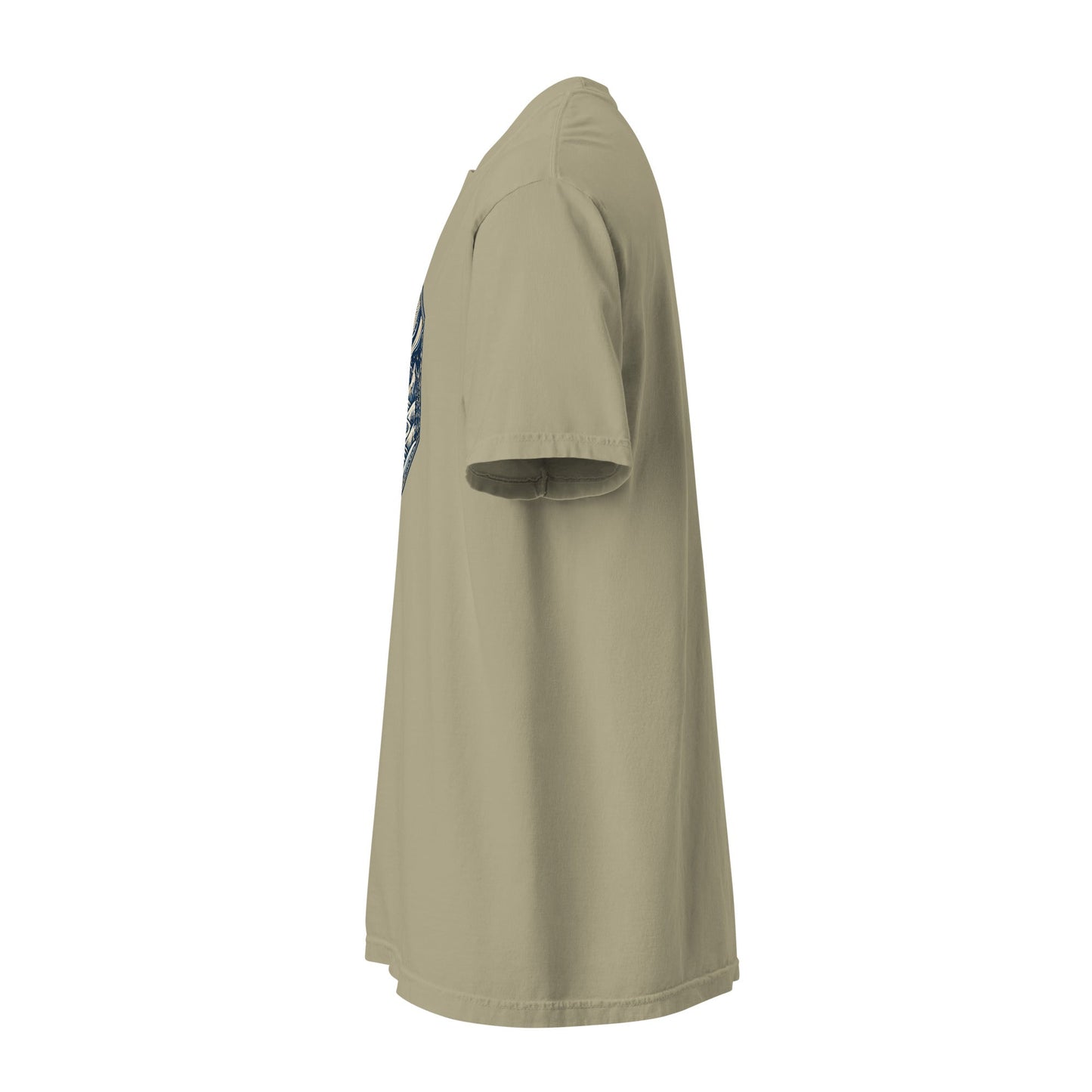 Khaki heavyweight tee with crew neck, short sleeves, and partial chest graphic, side view.