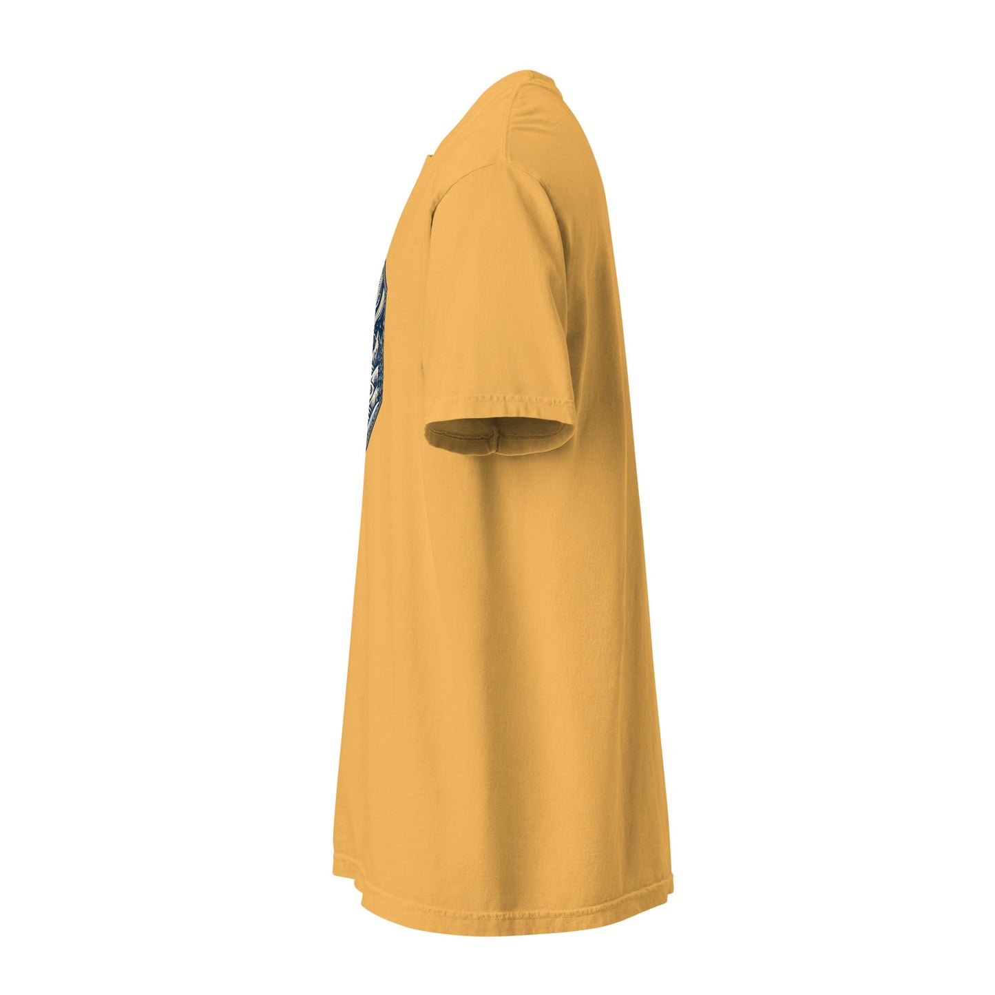 Mustard heavyweight tee with crew neck, short sleeves, and partial chest graphic, side view.