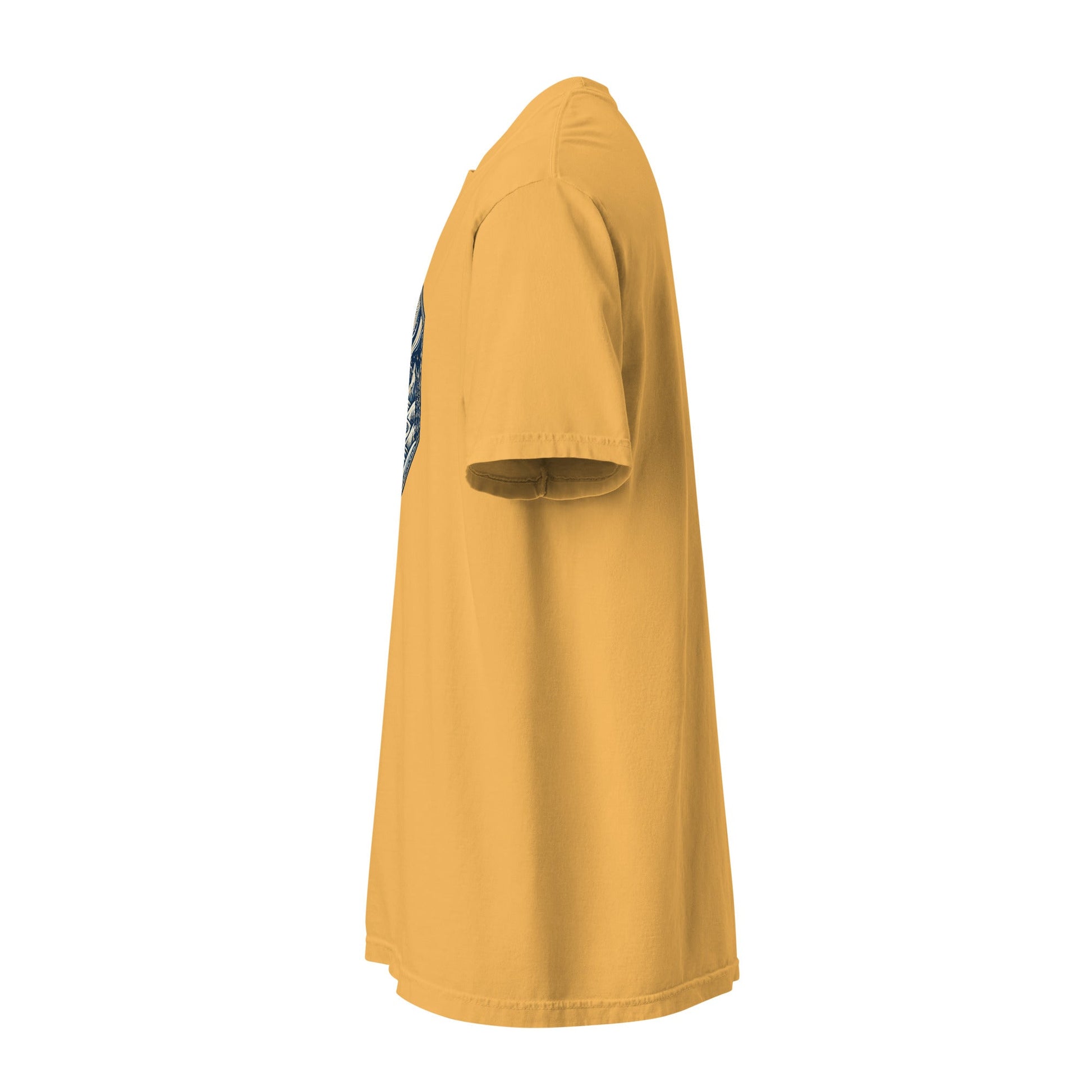Mustard heavyweight tee with crew neck, short sleeves, and partial chest graphic, side view.