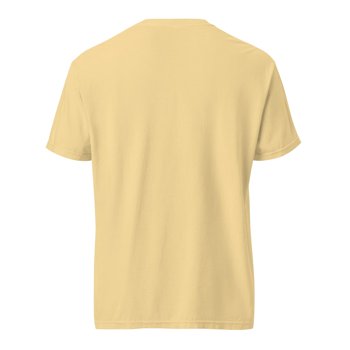 Heavyweight tee in mustard yellow, short sleeves and crew neck, back view.
