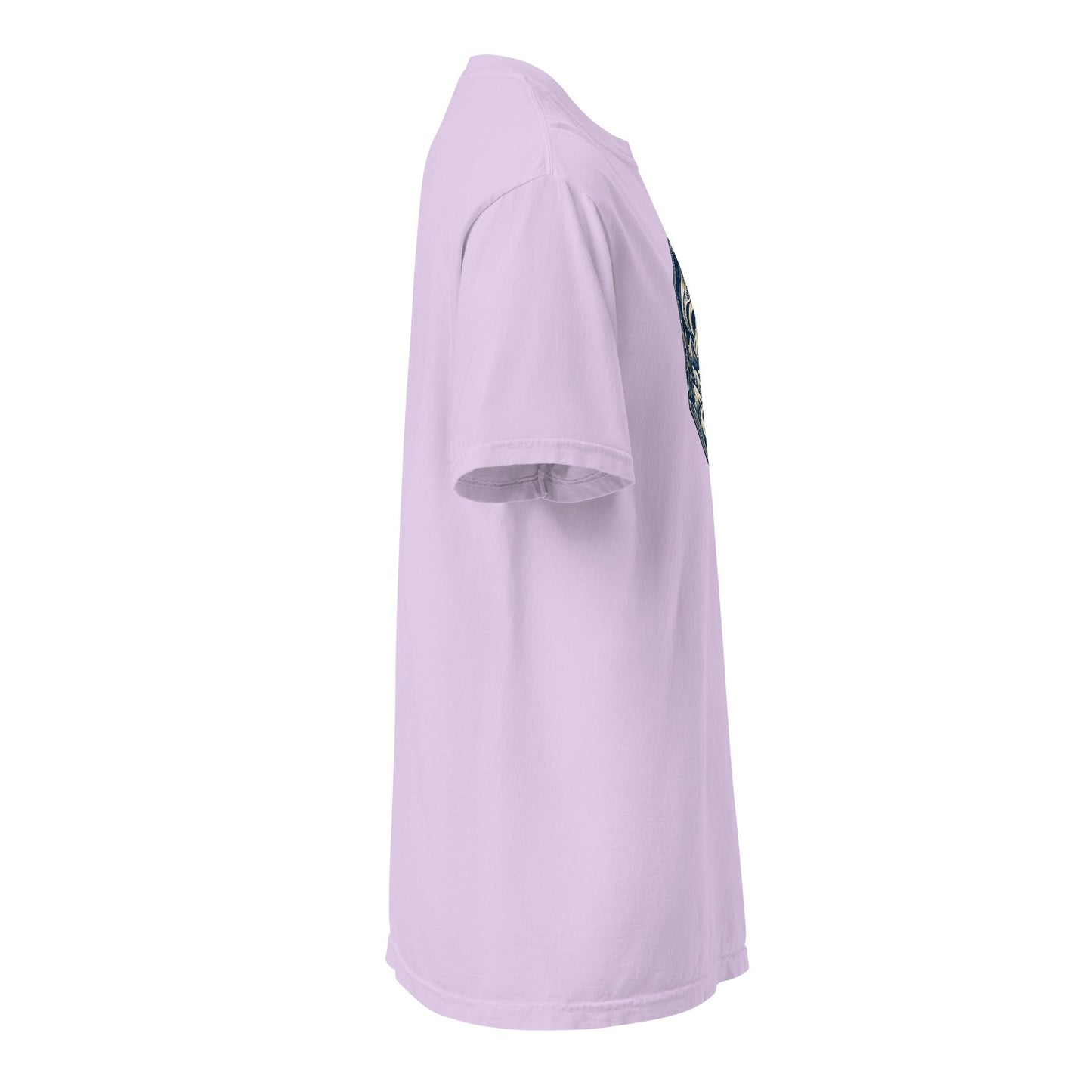 Heavyweight crew-neck tee in lavender with front mountain graphic, side view.