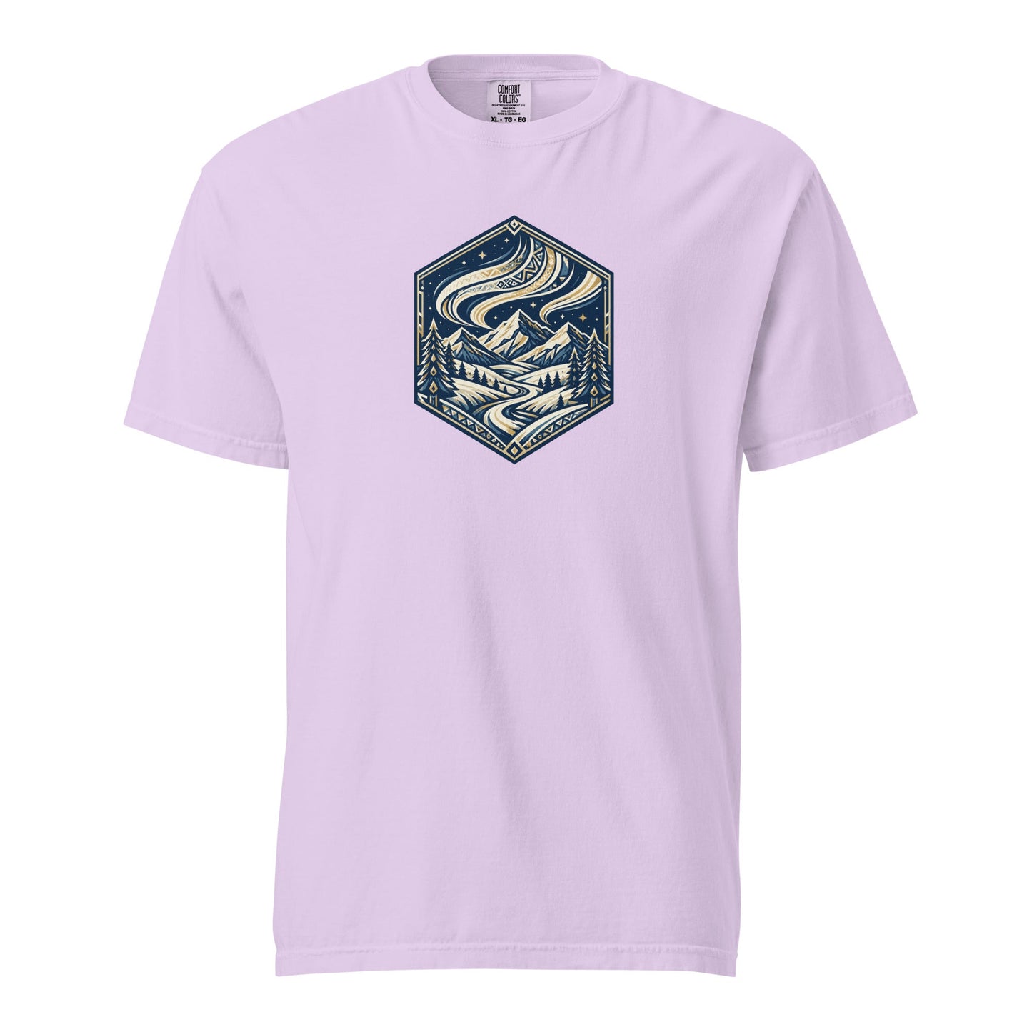 Heavyweight tee in orchid lavender with blue mountain hex logo