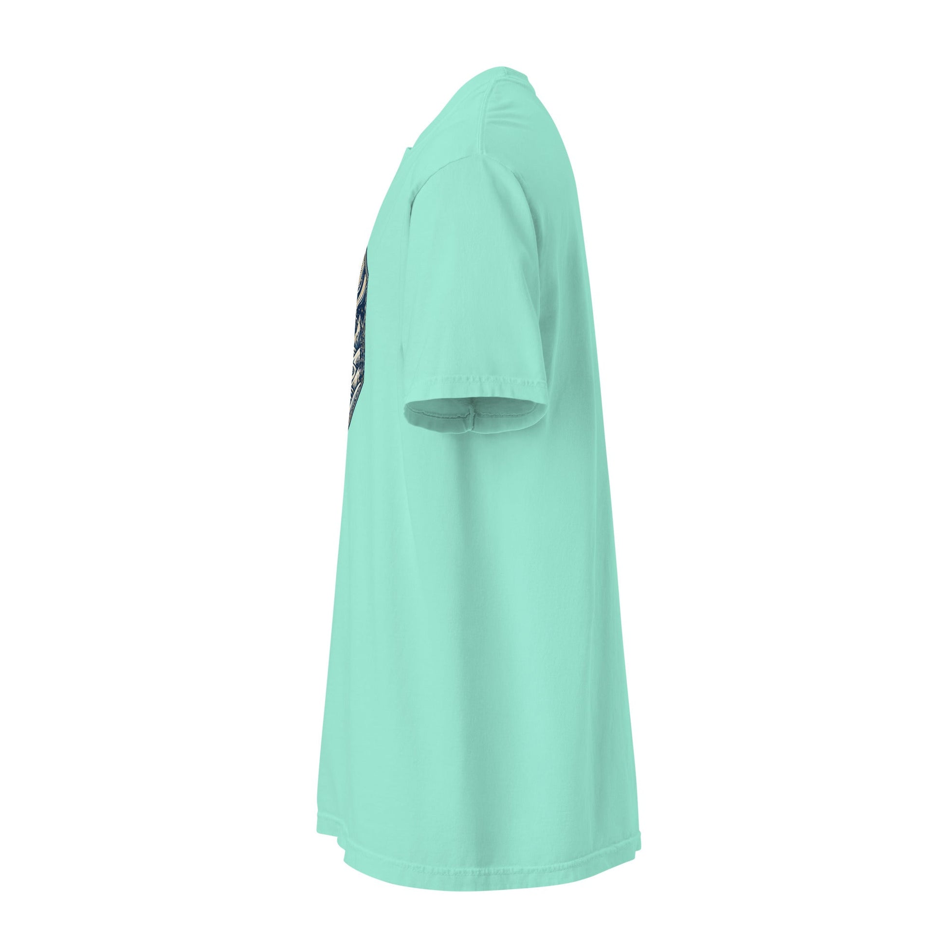 Heavyweight crew-neck tee in mint green with front mountain graphic, side view.