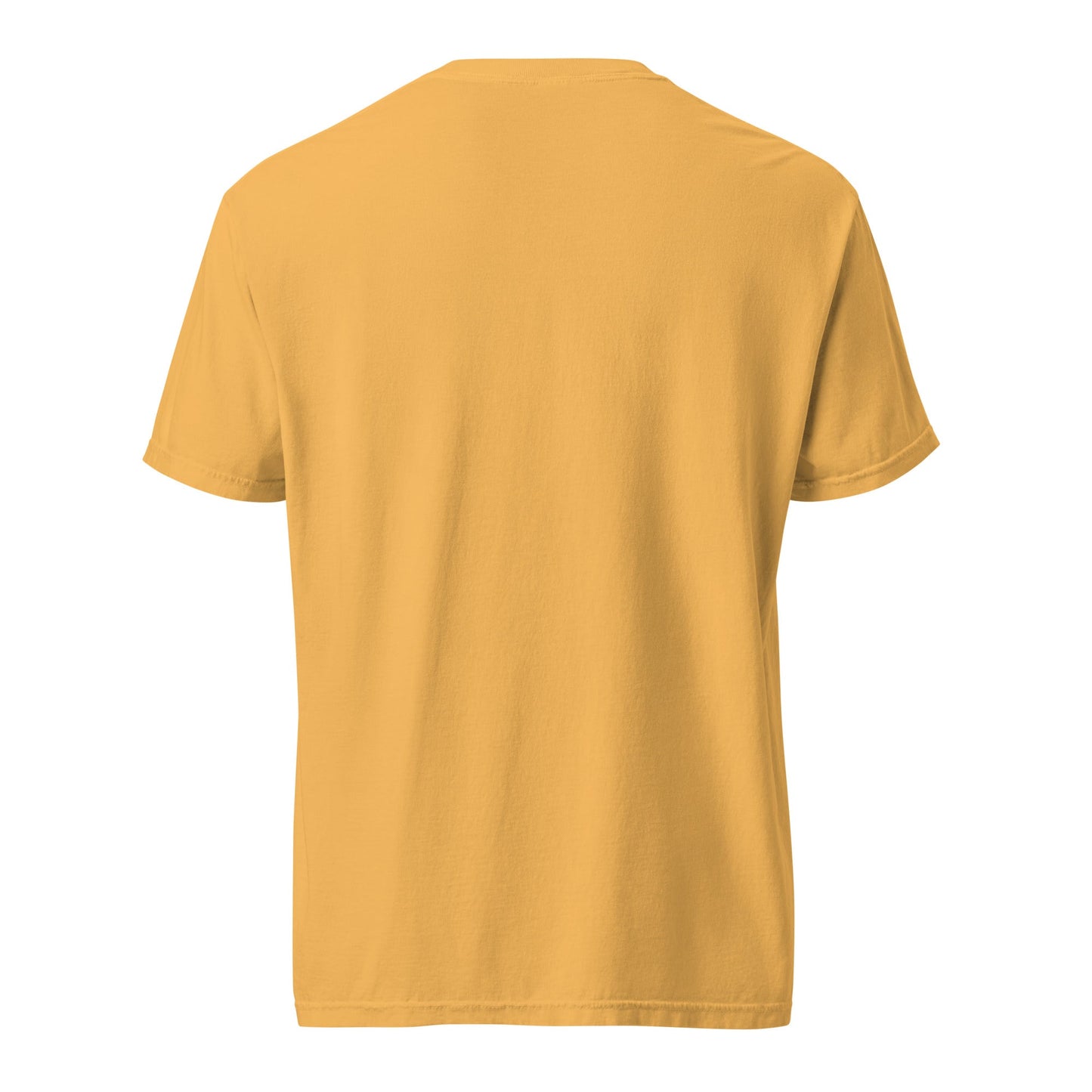 Heavyweight tee in mustard yellow, short sleeves and crew neck, back view.