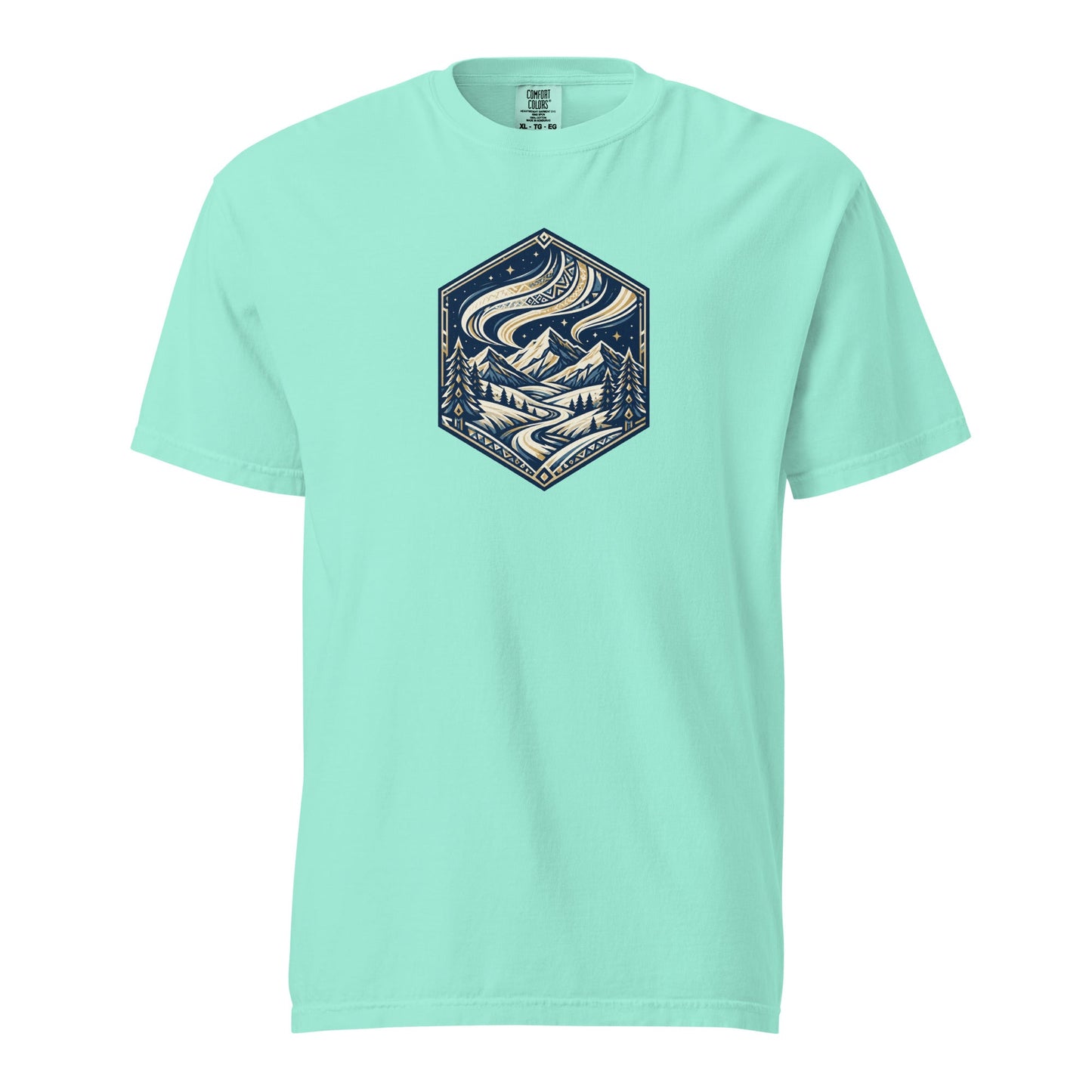 Heavyweight tee in mint green with blue mountain hex logo