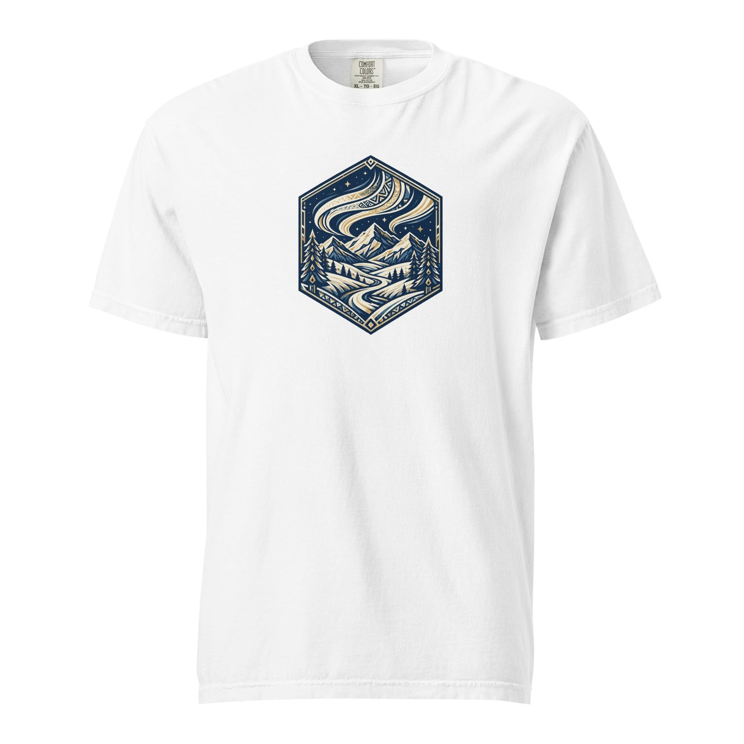 Heavyweight tee in white with blue mountain hex logo